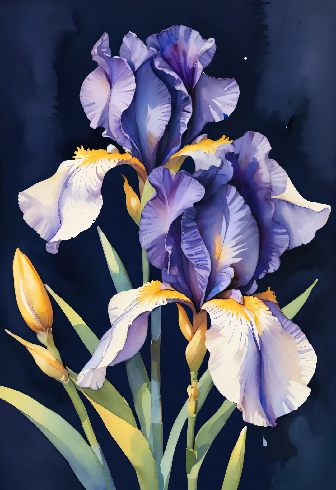 watercolor painting, beautiful iris flower, dark blue background, Works by Sydney illustrator Seth Daniels, movie poster, Bold graphic design elements, close up, Decorative Arts,,