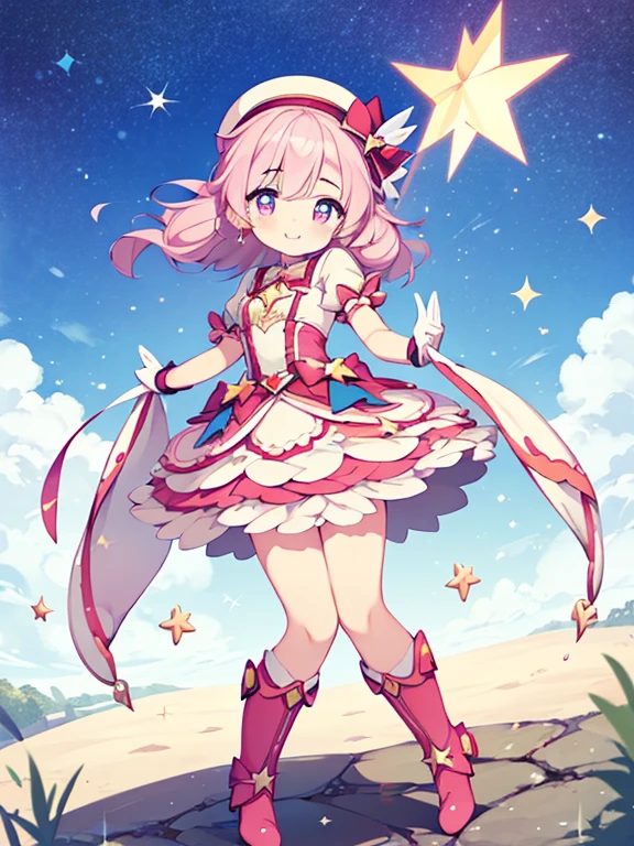 (1girl in:1.2), (Solo:1.2), masutepiece, nffsw、Shaders、Brilliant Textured Work、Ultra-detailed eyes、ultra-intricate pupil in eyes、top-quality、Kirby Wind、Pink hair、Lori、小柄、Gamine、Star Elements、Pink costume、magical girl costume、Star Hat、Magical Girl Gloves、Magical Girl Boots、Active Pose、Standing Picture、Mini character style、GameCG、Cheerful smile、