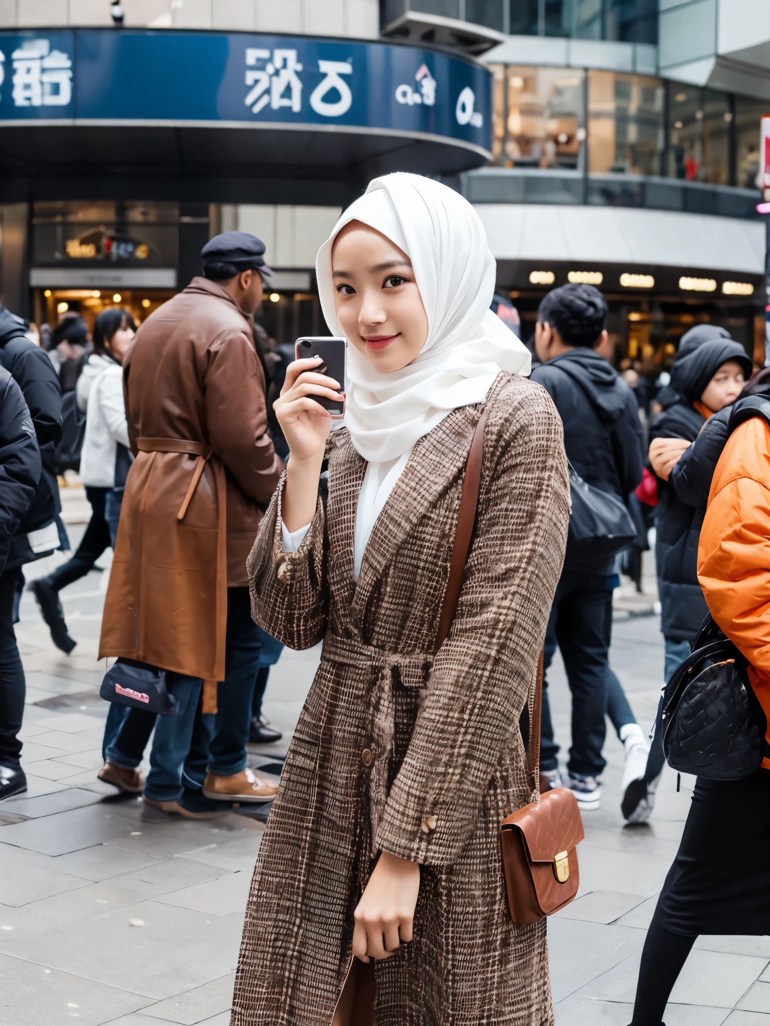 hijab, dress, shibuya crossing, photo shoot, pose like a model