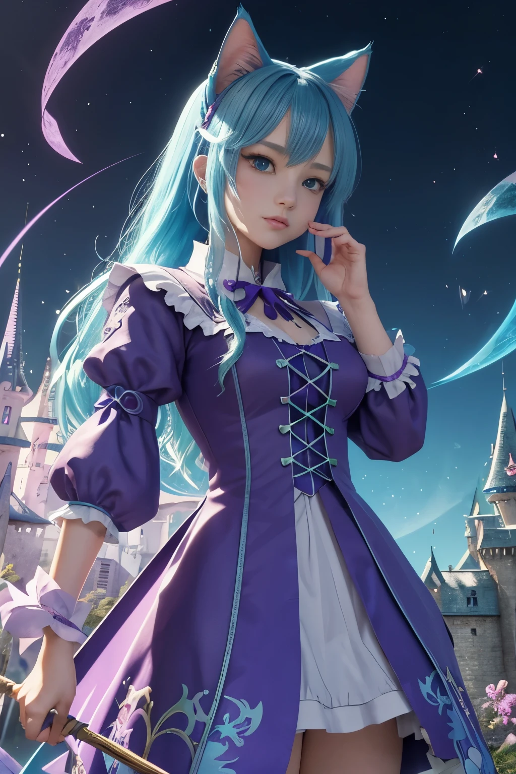 (3D anime style), magical medieval castle with a student of magic casting spells while she stands and pout, cat ears, magical animals around, vibrant colors, cyan and purple palette, soft pastels, beautiful 3D illustration by MSchiffer, intricately detailed, focus on face, detailed face, sharp image, (touhou proyect merged with rozen maiden)