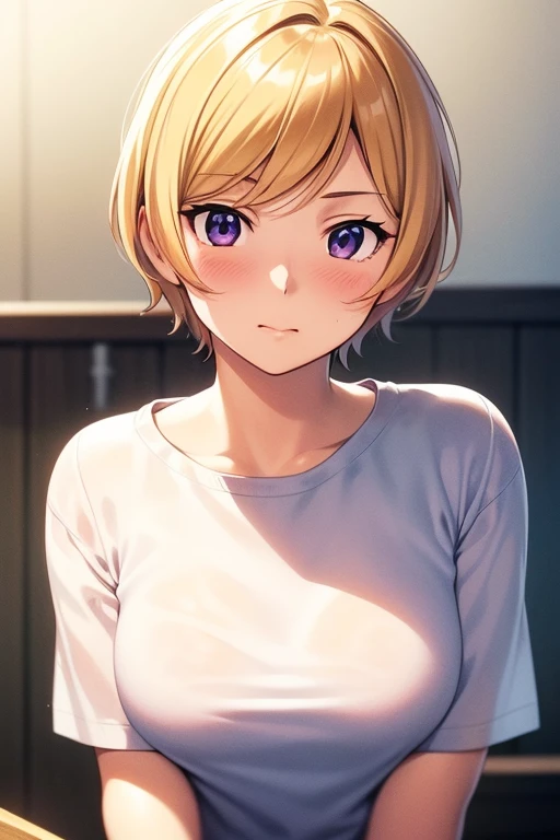 mangamichirum, 1girl, blond hair, short hair, blush, medium breast, (undershirt:1.5), upper body, looking at view, (masterpiece, high resolution, best quality, anime screencap, anime colored, 8k, photorealistic)