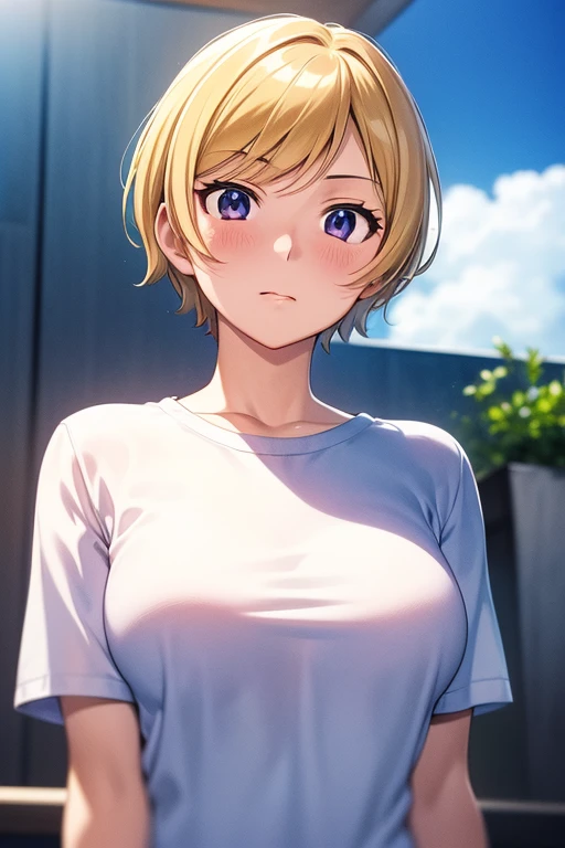 mangamichirum, 1girl, blond hair, short hair, blush, medium breast, (undershirt:1.5), upper body, looking at view, (masterpiece, high resolution, best quality, anime screencap, anime colored, 8k, photorealistic)