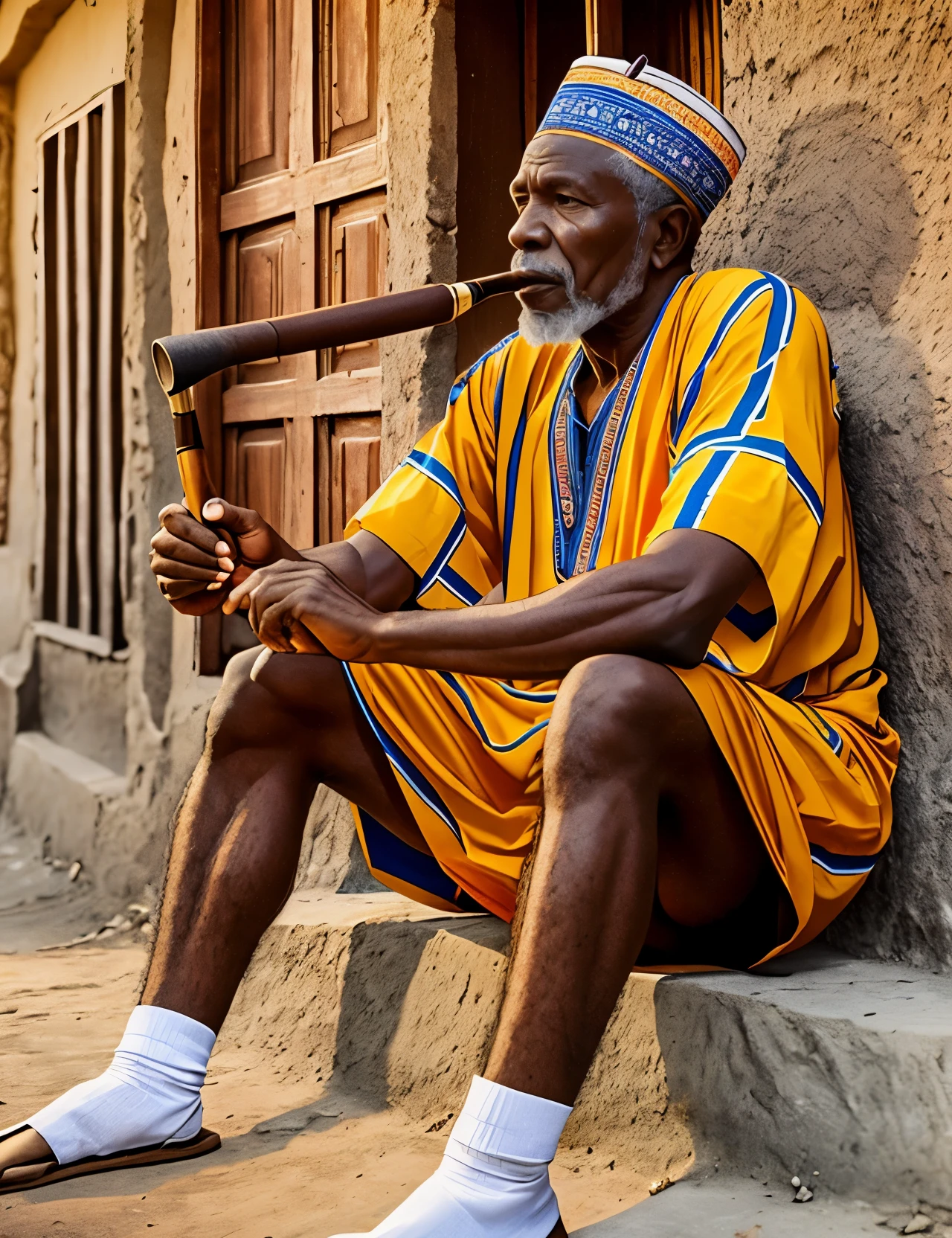 An old African Nigerian village elder, sitting in front of his house, wearing traditional dress, smoking a pipe and contemplating the glow of dusk. (8k resolution, realistic photo) --auto --s2