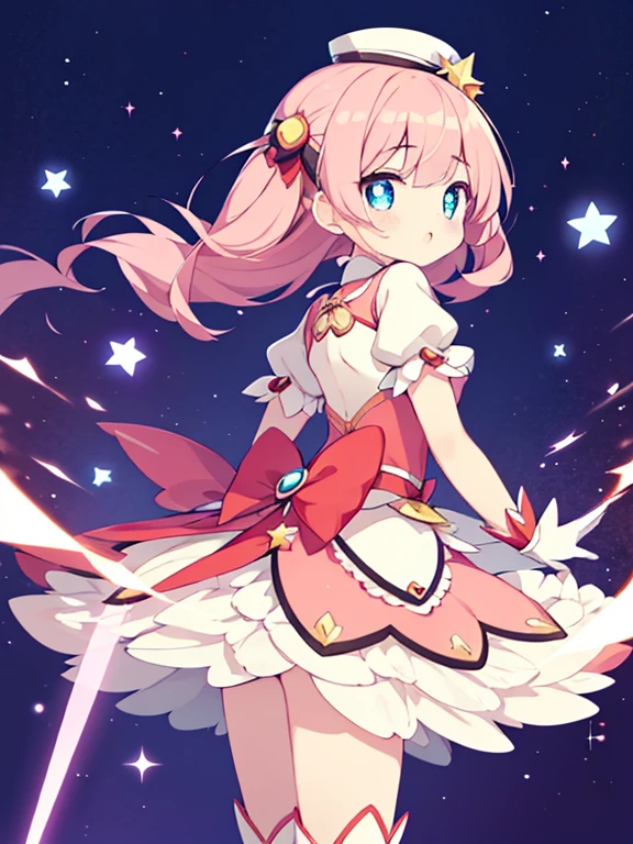 (1girl in:1.2), (Solo:1.2), masutepiece, nffsw、Shaders、Brilliant Textured Work、Ultra-detailed eyes、ultra-intricate pupil in eyes、top-quality、Kirby Wind、Pink hair、Lori、小柄、Gamine、Star Elements、Pink costume、magical girl costume、Star Hat、Magical Girl Gloves、Magical Girl Boots、Active Pose、Standing Picture、Mini character style、GameCG、from back, fighting against monster