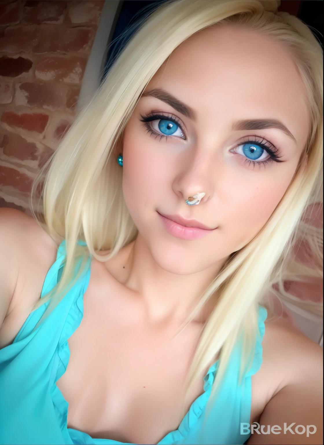 blond woman with blue eyes and a blue top posing for a picture, blonde hair and large eyes, long blonde hair and large eyes, long blonde hair and big eyes, selfie shot straight on angle, looks like britney spears, teal eyebrows, blonde hair and blue eyes, long blonde hair and blue eyes, white eyebrows, blue eyes and blond hair, blonde hair blue eyes