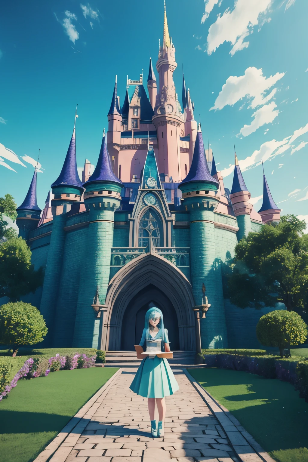 (3D anime style), magical castle with a student of magic reading a book while she stands and smile, magical creatures around, vibrant colors, cyan and green palette, soft pastels, beautiful 3D illustration by MSchiffer, intricately detailed, focus on face, detailed face, sharp image