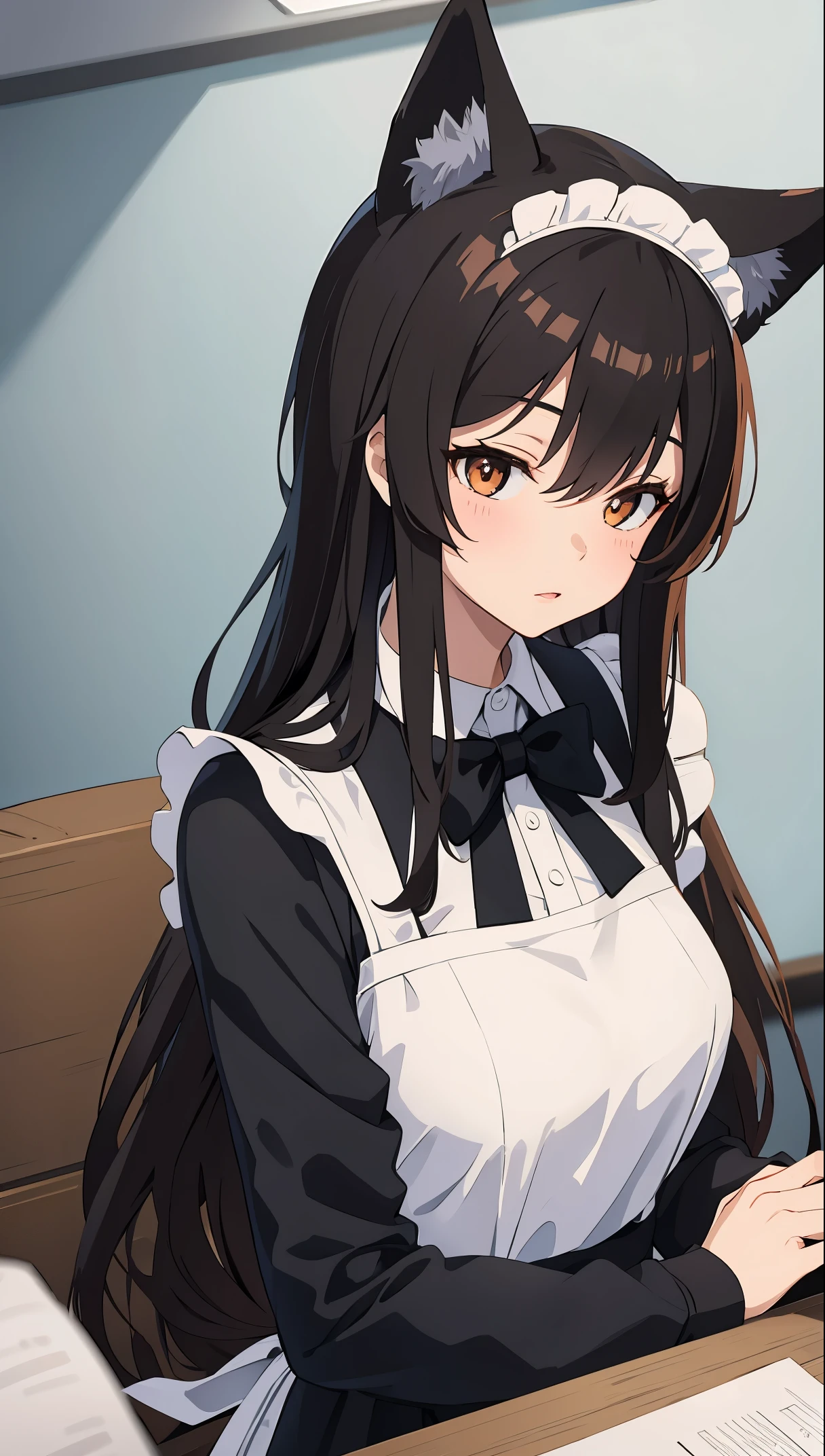 a foxgirl with dark hair wearing strict white maid uniform in office room, anime-styled