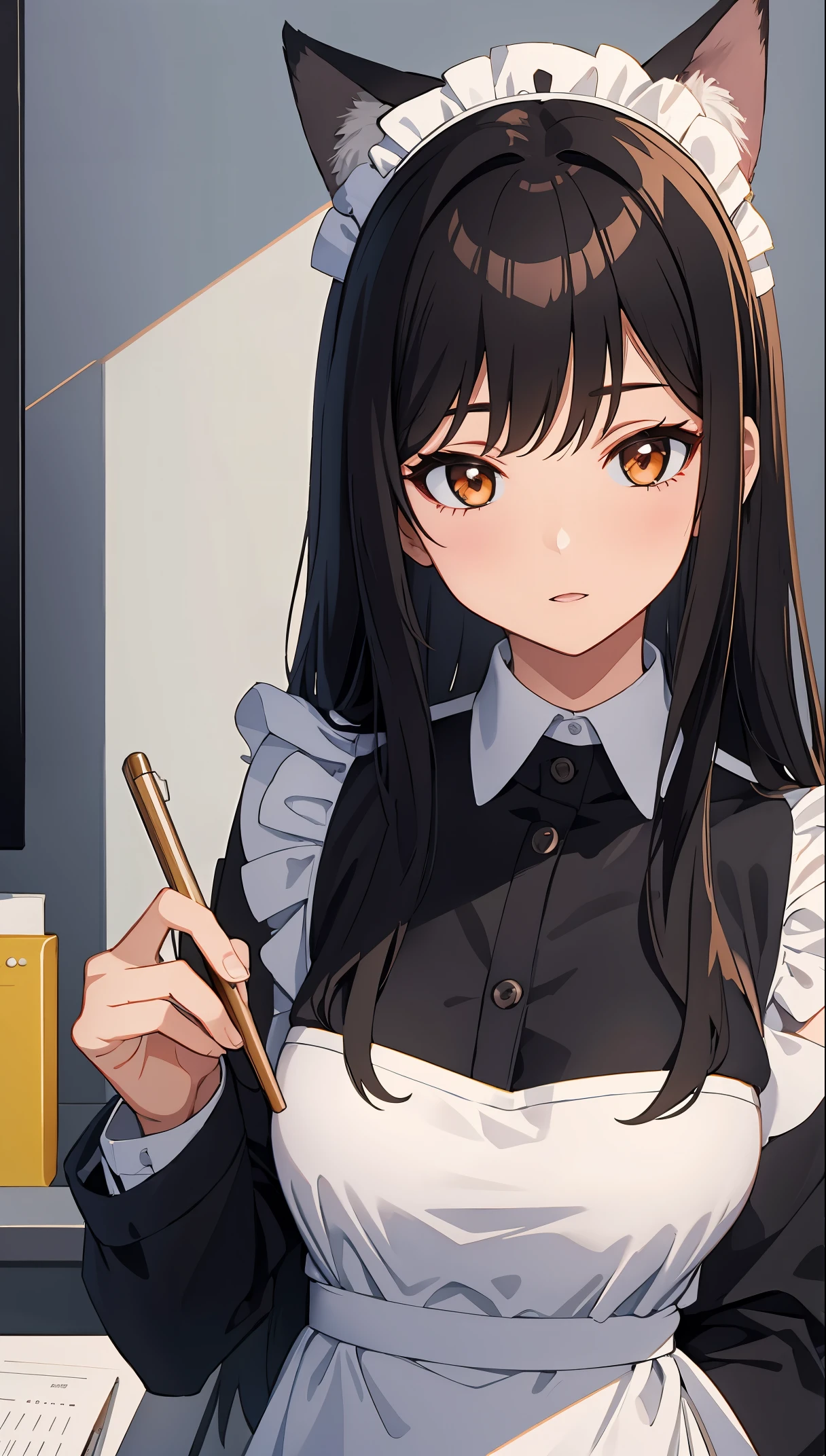 a foxgirl with dark hair wearing strict white maid uniform in office room, anime-styled