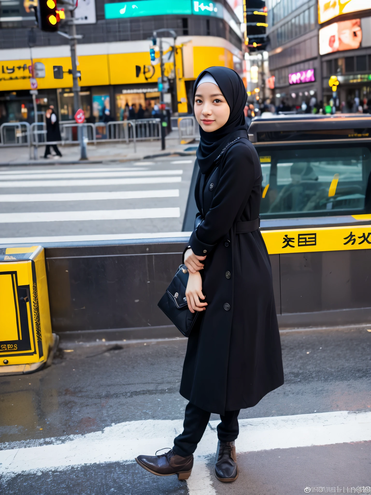 hijab, dress, shibuya crossing, photo shoot, pose like a model