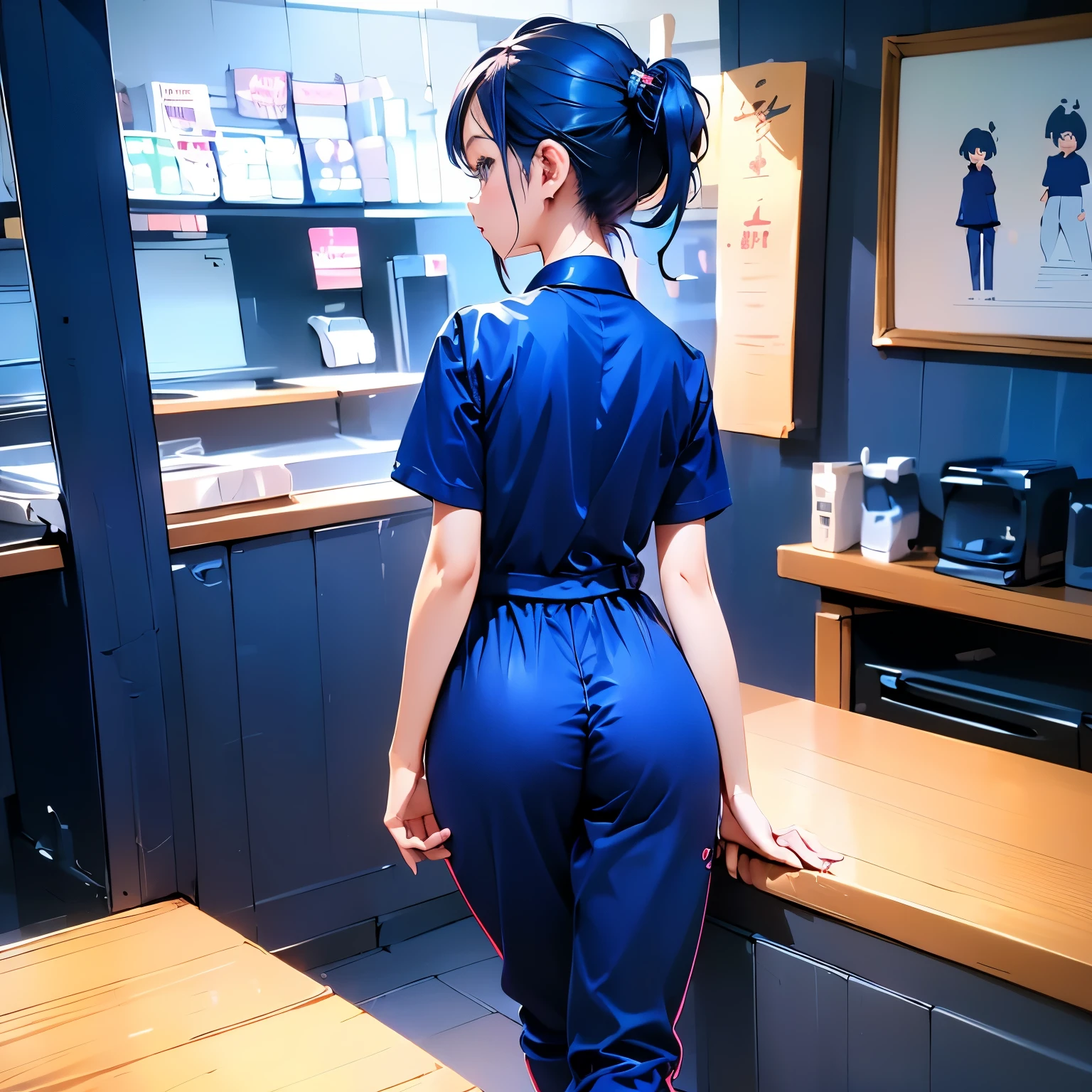 ((nsfw)), (masterpiece), (Highly detailed 8k),chibi, 1girls pose in side of window,from back 17yo,detailed eyes,detailed face,action shot,lightblue hair, BREAK (minimalism theme:1.3), (wearing blue shirt:1.4),short sleeves, BREAK (tight shiny navy long track pant:1.5),focus ass