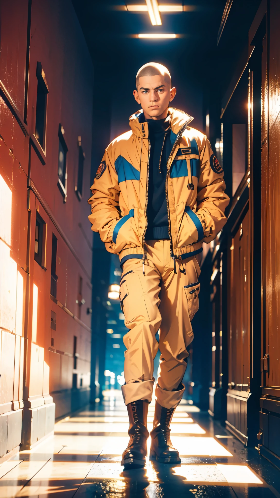 In the backdrop of an ancient fantasy-reality setting, a youth sporting a platinum crew cut displays a piercing gaze and confident demeanor. Adorned in a two-piece fusion outfit, seamlessly blending Western and Eastern influences, he wears a snug dark top paired with a vibrant yellow-blue short jacket. The lower half features loose white utility pants, and his sturdy long boots echo through the corridors of an antiquated architectural landscape. The overall aesthetic captures the essence of a refined and mature anime-inspired rogue, symmetrical face, extremely detailed eyes and face, high quality eyes, high definition, highres, ultra-fine painting, exquisite and mature, extremely delicate, professional, anatomically correct, creativity, UHD, HDR, 32k, Natural light, cinematic lighting, best shadow, masterpiece-anatomy-perfect, best quality, masterpiece, ultra-detailed