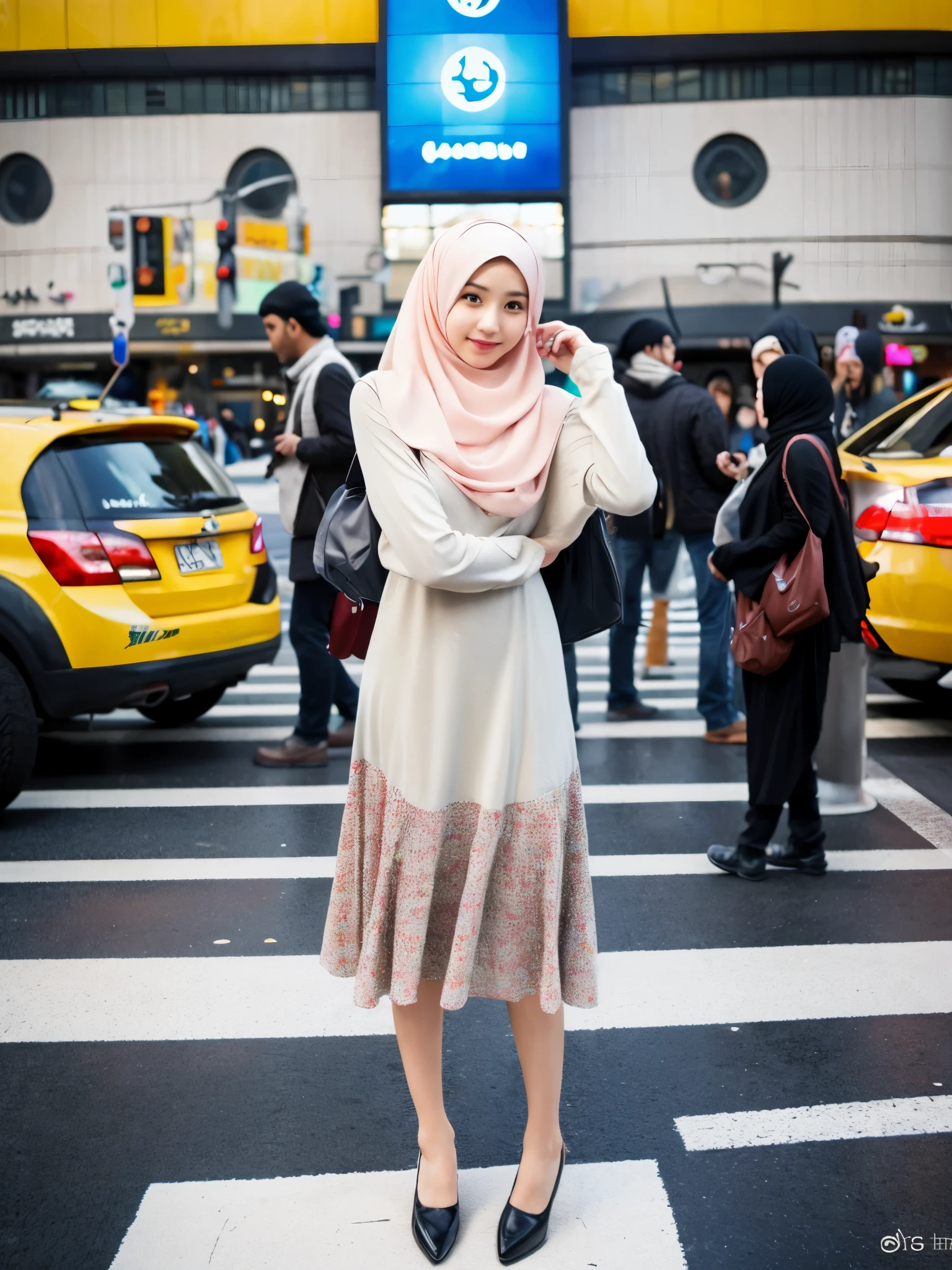 hijab, dress, shibuya crossing, photo shoot, pose like a model