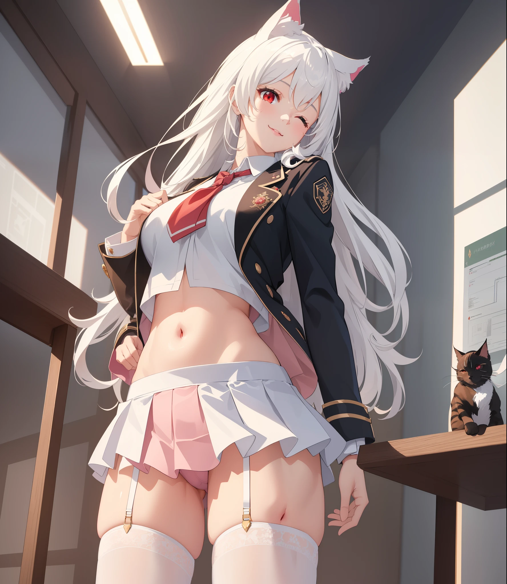 (extremely detailed CG unity 8k wallpaper), (((masterpiece))), (((best quality))), ((ultra-detailed)), (((illustration))), (best shadow), ((an extremely delicate and beautiful)), (detailed light), (well designed face), amazing face, (super detailed), cinematic shot, beautiful detailed eyes, detailed background, 1girl, ((white hair)), ((red eyes)), ((cat ears)), firts rate breasts, first rate female bodies, long hair, x hair ornament, school uniform, pink panties, ((midriff)), ((navel)), upper body, jacket, open jacket, interior design, classroom, spread navel, bewitching thighs, smile, one eye closed, hand on own chest, garter belt, stocking, ((from below)),