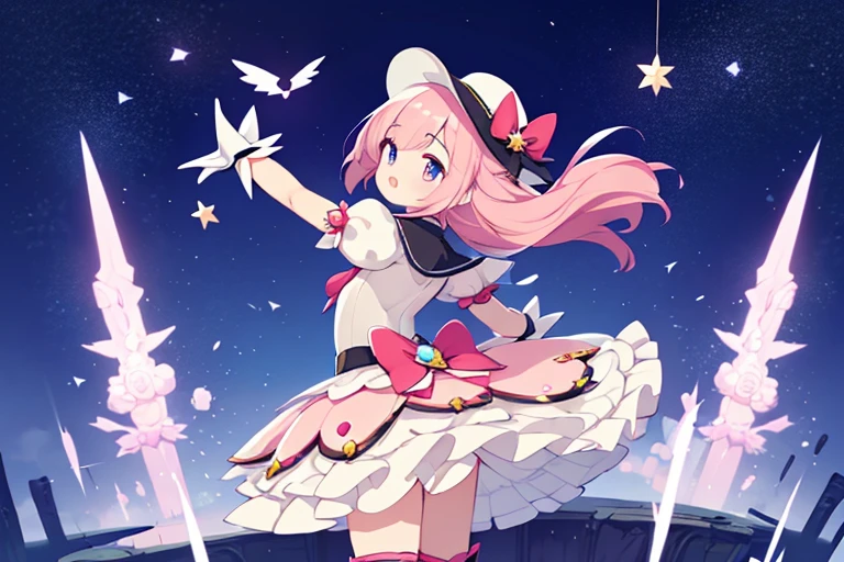 scenery, (1girl in:1.2), (Solo:1.2), masterpiece, nffsw、Shaders、Brilliant Textured Work、Ultra-detailed eyes、ultra-intricate pupil in eyes、top-quality、Kirby Wind、Pink hair、Lori、小柄、Gamine、Star Elements、Pink costume、magical girl costume、Star Hat、Magical Girl Gloves、Magical Girl Boots、Active Pose、Standing Picture、Mini character style、GameCG、from back, fighting against monster