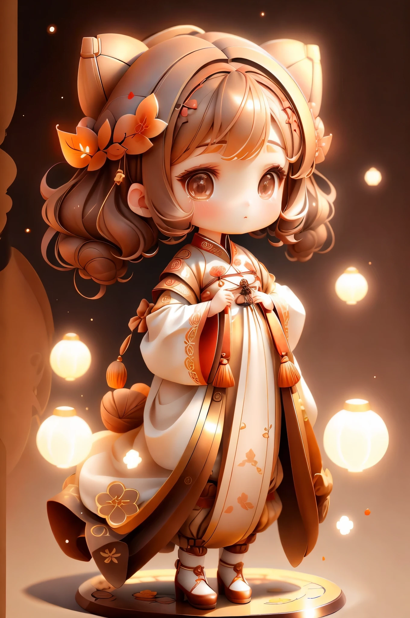 girl with, chibi、amber, , medium light brown, luxurious fabrics, Jitter, Profound,looking at the audience、hanfu,whole body