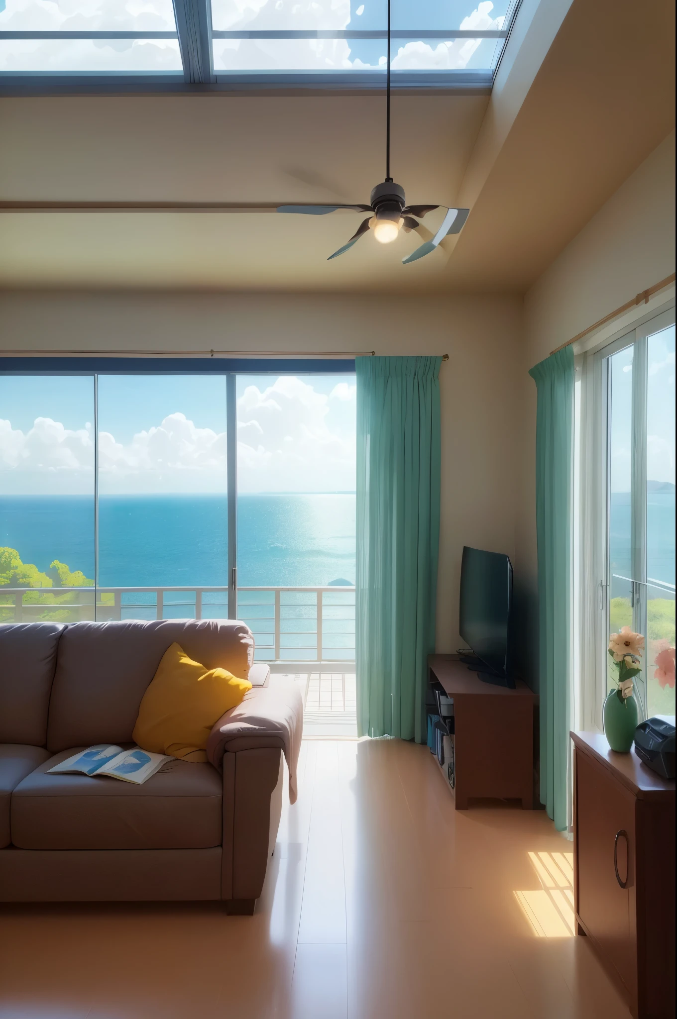 (8K, Raw photo, Highest image quality, Masterpiece, no people: 1.2), (Living room with sufficient brightness: 1.4), spring, You can see the fishing port from the window, Makoto Shinkai's works, The wind is blowing