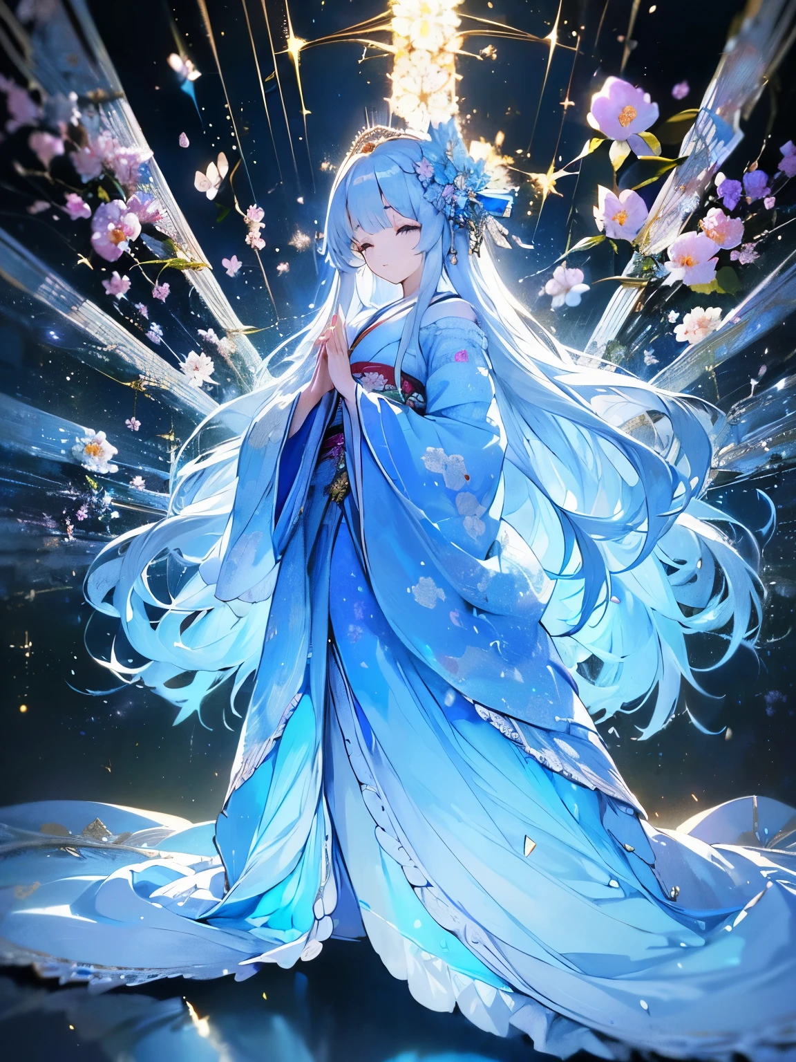 (((Prayer, join hands,)))), Close your eyes, ((Anime art style)),(Maste piece),(Best quality), (Super detail),((Very delicate and beautiful )),(( (solo))),((full body portrait)),(((a lonely princess dressed in a finely crafted kimono))),((crinoline)),long train,(( Standing in front of an old folk house)),(gorgeous gemstone jewelry), detailed face and eyes, jewel-like eyes,((lots of straight hair, very long azure blue straight hair)),((very delicate Flower)),(( Hair ornament decorated with sparkling and gorgeous jewels)),((Angle of movement)), Looking at the viewer,,The flower has flowing petals,(((Flower with volume) )),