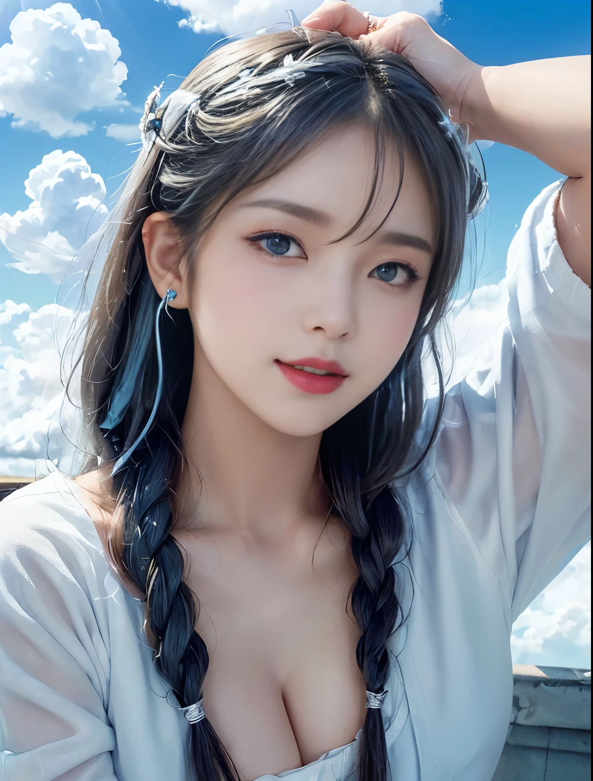 ((Only blue sky and clouds on background:1.8))、((sky ring of angels above your head:1.8))、((Stand on the clouds:1.5))、((cowboy shot:1.5))、((bangs:1.6))、((Photo from below:1.2))、((1 girl:1.8))、((solo:1.8))、break((slender body:1.2))、((Moderate:1.2,Cleavage 1.2)),break(Wearing a white fur coat:1.5,white tight mesh dress:1.5),break(large white angel wings on the back:1.5)、((Stand on the cloudsポーズ:1.5))、Photo from the front:1.5、8k wallpaper、Super high resolution,break((photorealistic stick:1.4)),table top,highest quality,perfect lighting,detailed lighting,dramatic light and shadow,ray tracing,break(perfect anatomy:1.4)、((looking at the viewer))、detailed face、detailed eye、detailed clavicle、skin that looks real、break(20-year-old)、((laughter:1.1))、((Silver semi-long:1.5,Braiding the head:1.3))、(aqua blue eyes、eyeliner、red lips)