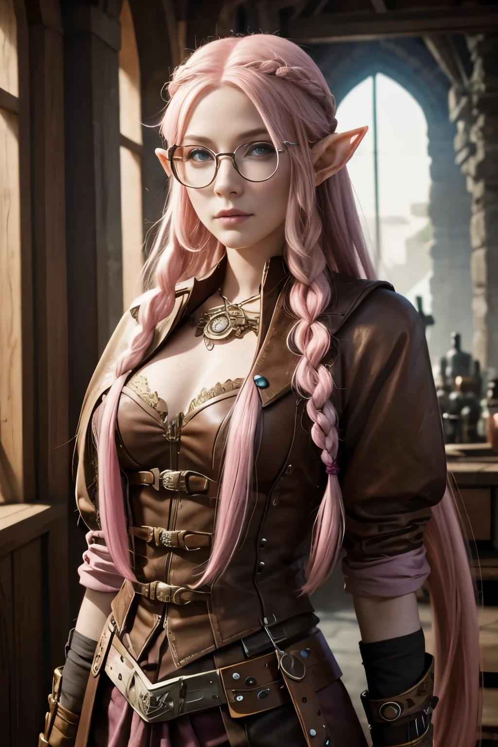 (Realisttic:1.2), analog photo style, Beautiful Elf woman, posing, with freckles and goggle glasses and long pink hair braided, (steampunk dark fantasy atmosphere), soft natural light, cute and sexy, great quality, Masterpiece, detailed strange background, better performance, 16k quality, RAW photo