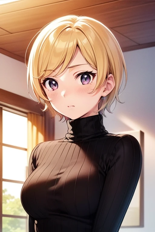 mangamichirum, 1girl, blond hair, short hair, blush, medium breast, (black turtleneck undershirt:1.5), upper body, looking at view, (masterpiece, high resolution, best quality, anime screencap, anime colored, 8k, photorealistic)