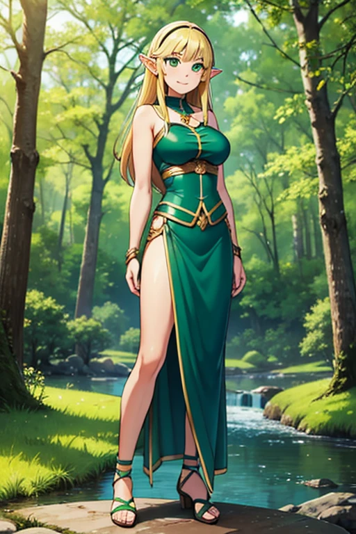 masterpiece, best quality, 1girl, elf, green eyes, blonde, (standing:1.1), (forest:1.1), pov, perfect eyes, arms at sides, river, portrait, full body, smile, heeled sandals, beautiful landscape, trees