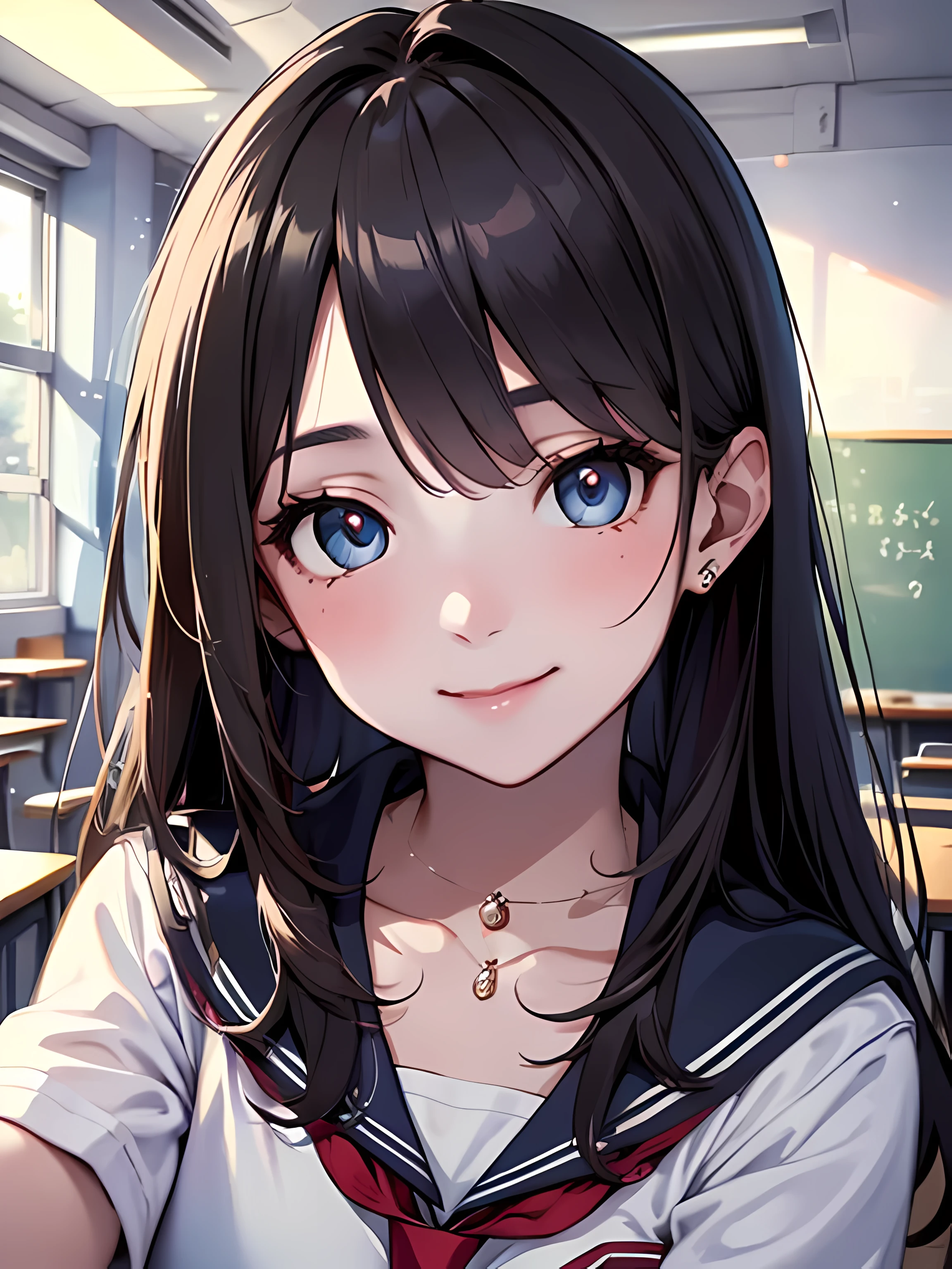 vivid color, (masterpiece), (best quality), ((ultra detailed beautiful face and eyes)), illust style, woman, cinematic angle, smile, school uniform, in a classroom, warm light