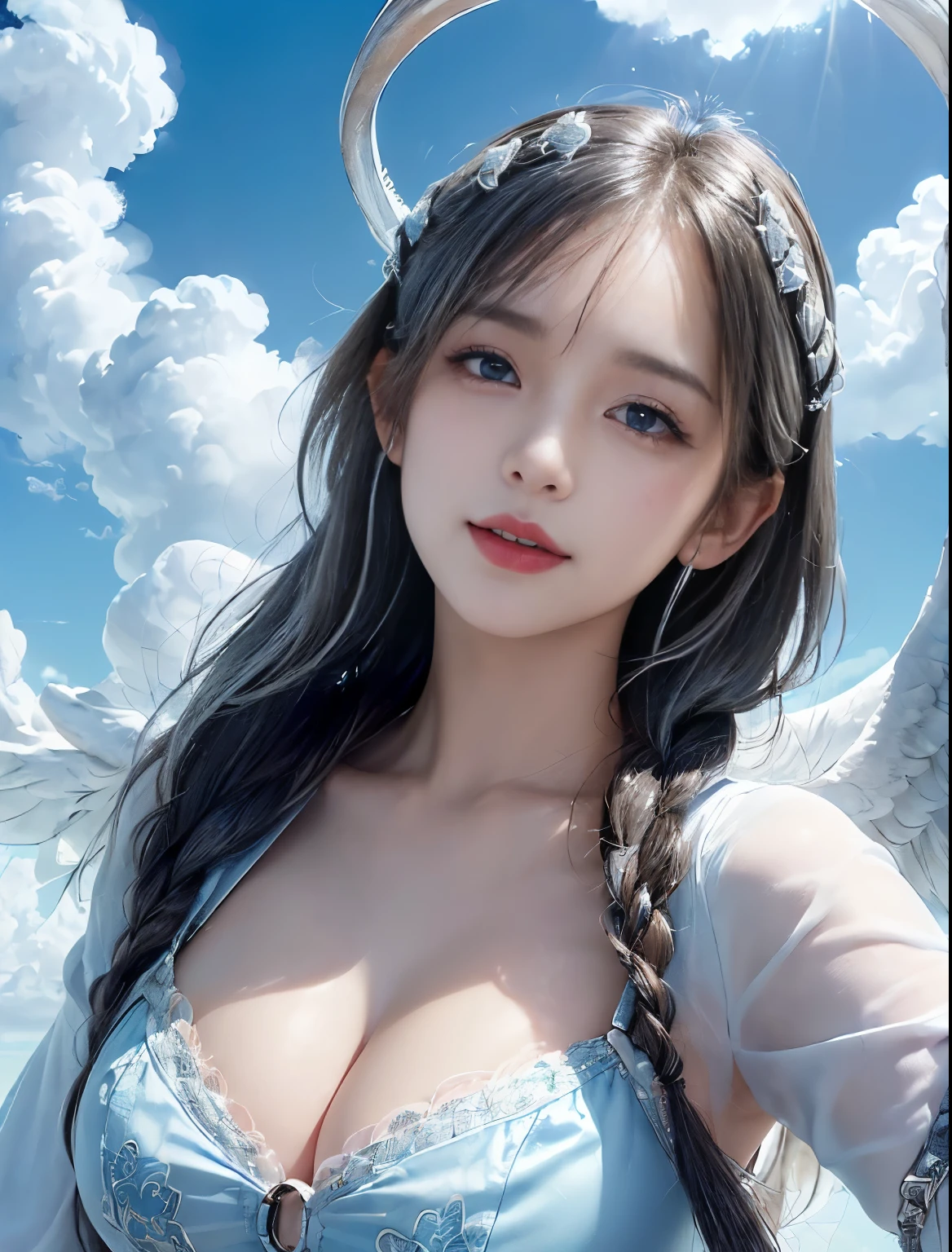 （(Only blue sky and clouds on background:1.8)）、（(sky ring of angels above your head:1.8)）、（(Stand on the clouds:1.5)）、（(cowboy shot:1.5)）、（(bangs:1.6)）、（(Photo from below:1.2)）、（(1 girl:1.8)）、（(solo:1.8)）、break（(slender body:1.2)）、（(Moderate:1.2,Cleavage 1.2)）,break（Wearing a white fur coat:1.5,white tight mesh dress:1.5）,break（large white angel wings on the back:1.5）、（(Stand on the cloudsポーズ:1.5)）、Photo from the front:1.5、8k wallpaper、Super high resolution,break（(photorealistic stick:1.4)）,table top,highest quality,perfect lighting,detailed lighting,dramatic light and shadow,ray tracing,break（perfect anatomy:1.4）、（(looking at the viewer)）、detailed face、detailed eye、detailed clavicle、skin that looks real、break（20-year-old）、（(laughter:1.1)）、（(Silver semi-long:1.5,Braiding the head:1.3)）、（aqua blue eyes、eyeliner、red lips）