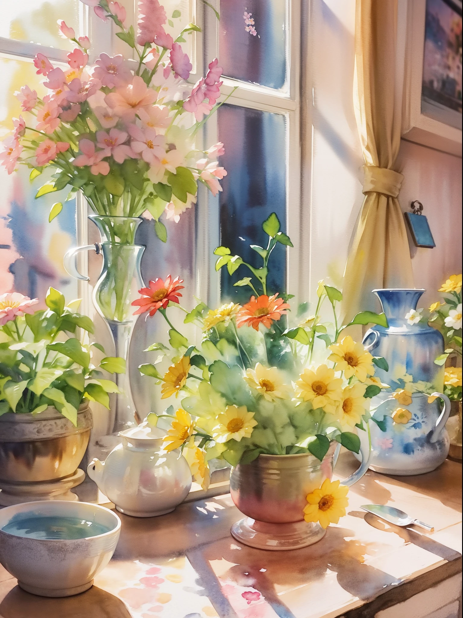 Close-up of a table，There is a vase of flowers on it, pleasant environment, There is a French garden, house kitchen on a sunny day, French countryside interior, author：Bernard D'Andrea, Bright windows illuminate the kitchen, Architectural Digest, home and garden magazine, house and garden, Architectural Digest photo, summer morning light, There are flowers and plants, (floral watercolor painting:1.5)