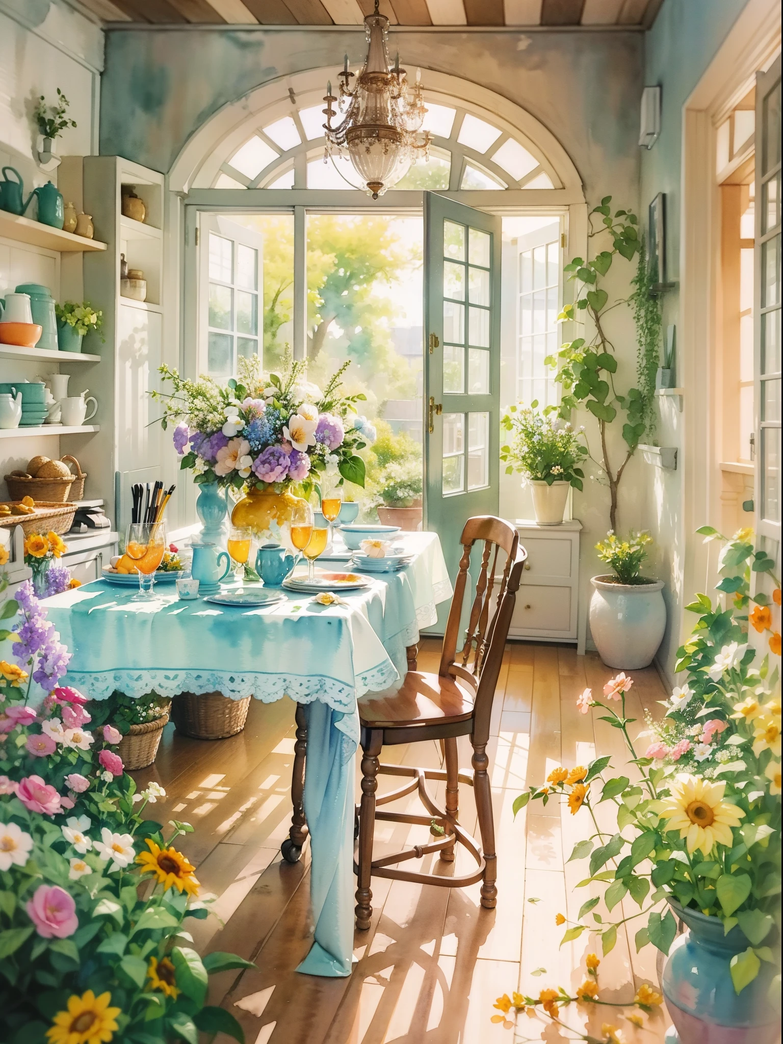 Close-up of a table,There is a vase of flowers on it, pleasant environment, There is a French garden, house kitchen on a sunny day, French countryside interior, author:Bernard D'Andrea, Bright windows illuminate the kitchen, Architectural Digest, home and garden magazine, house and garden, Architectural Digest photo, summer morning light, There are flowers and plants, (floral watercolor painting:1.5)