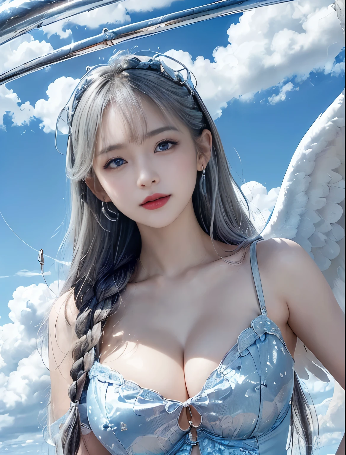 ((Only blue sky and clouds on background:1.8))、((sky ring of angels above your head:1.8))、((Stand on the clouds:1.5))、((cowboy shot:1.5))、((bangs:1.6))、((Photo from below:1.2))、((1 girl:1.8))、((solo:1.8))、break((slender body:1.2))、((Moderate:1.2,Cleavage 1.2)),break(Wearing a white fur coat:1.5,white tight mesh dress:1.5),break(large white angel wings on the back:1.5)、((Stand on the cloudsポーズ:1.5))、Photo from the front:1.5、8k wallpaper、Super high resolution,break((photorealistic stick:1.4)),table top,highest quality,perfect lighting,detailed lighting,dramatic light and shadow,ray tracing,break(perfect anatomy:1.4)、((looking at the viewer))、detailed face、detailed eye、detailed clavicle、skin that looks real、break(20-year-old)、((laughter:1.1))、((Silver semi-long:1.5,Braiding the head:1.3))、(aqua blue eyes、eyeliner、red lips)