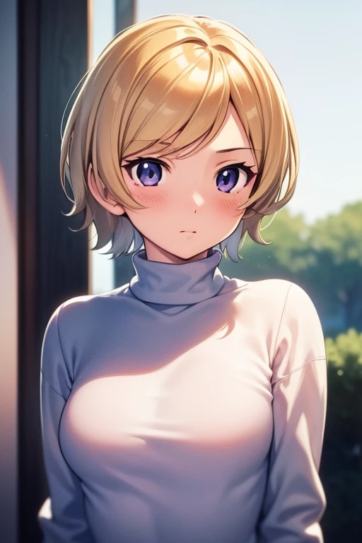 mangamichirum, 1girl, blond hair, short hair, blush, medium breast, (undershirt:1.5), upper body, looking at view, (masterpiece, high resolution, best quality, anime screencap, anime colored, 8k, photorealistic)