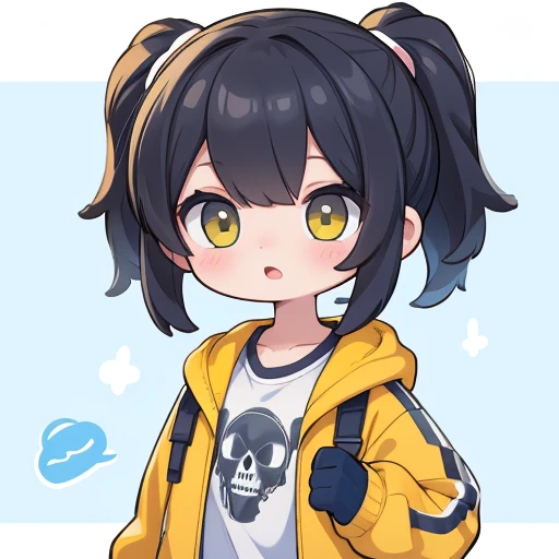 Color Dick 0n Icon, ik1, 1 girl, surprised face, yellow jacket, cartoon bones,