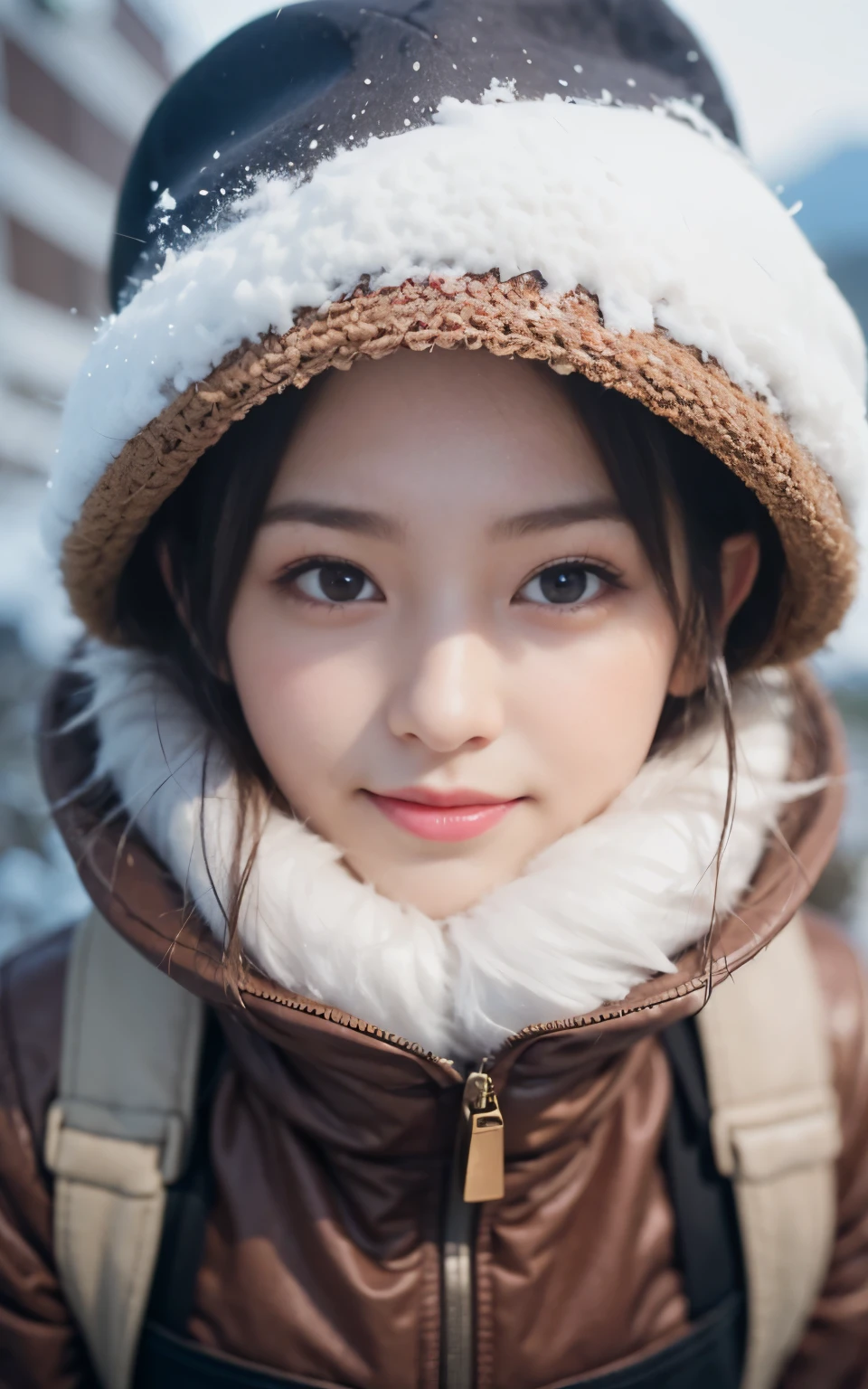cute 21 year old japanese、daytime、mountain climbing、mountaintop、snow、snow山、super detail face、eye for details、double eyelid、beautiful thin nose、sharp focus:1.2、Beautiful woman:1.4、(light brown hair,short cut hair, white skin、highest quality、shine、masterpiece、Super high resolution、(Photoreal:1.4)、mountain climbing用の服、best smile、