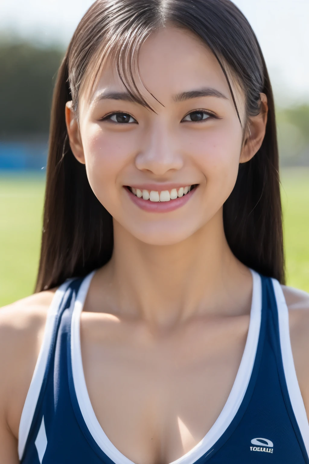 ((show only the face、close up of face、track and field athlete、sportswear、sweaty))、cute japanese woman、、high school girl、young girl、have bangs、Small cleavage、smile、double eyelid