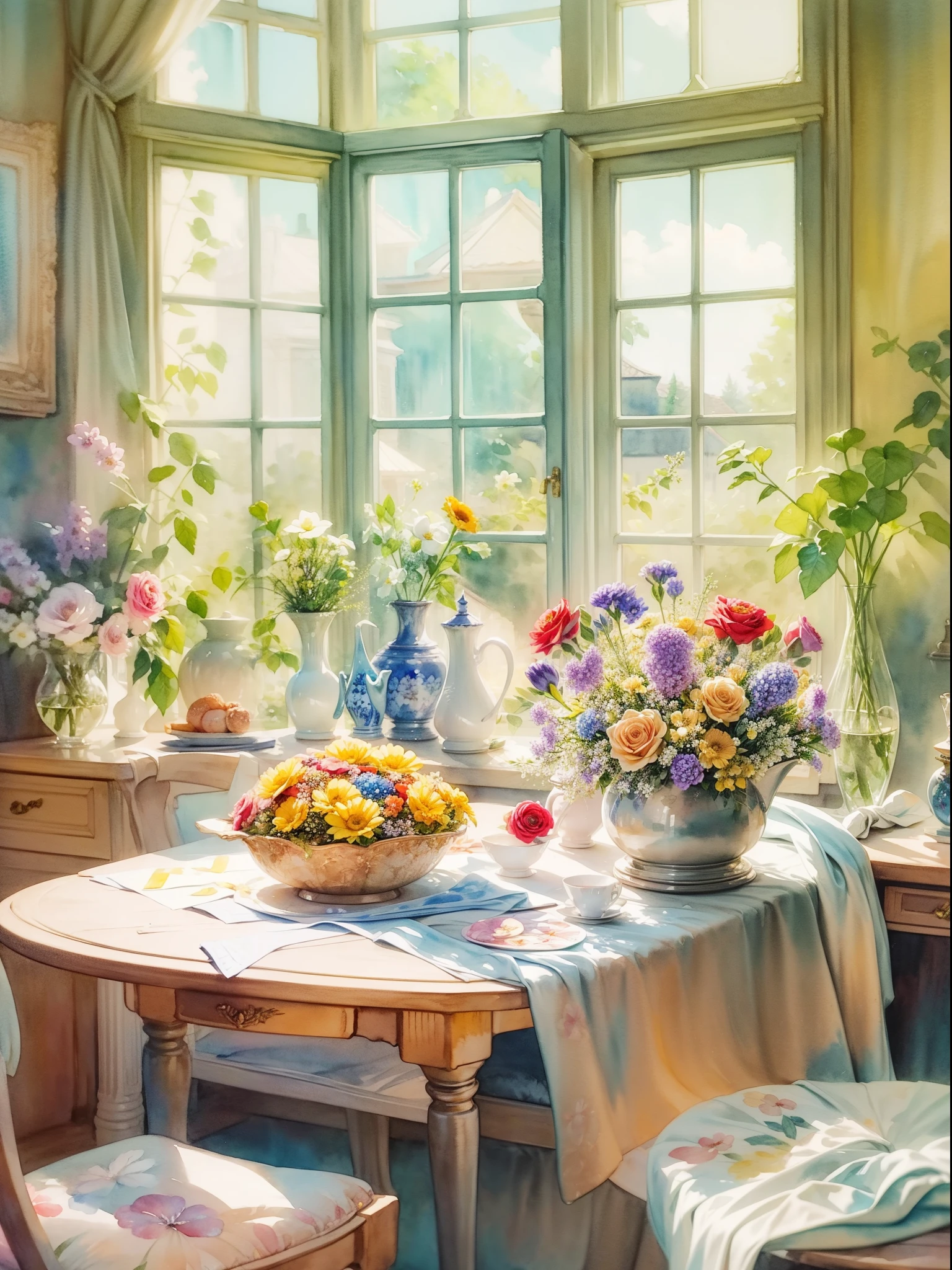 Close-up of a table,There is a vase of flowers on it, pleasant environment, There is a French garden, house kitchen on a sunny day, French countryside interior, author:Bernard D'Andrea, Bright windows illuminate the kitchen, Architectural Digest, home and garden magazine, house and garden, Architectural Digest photo, summer morning light, There are flowers and plants, (floral watercolor painting:1.5)