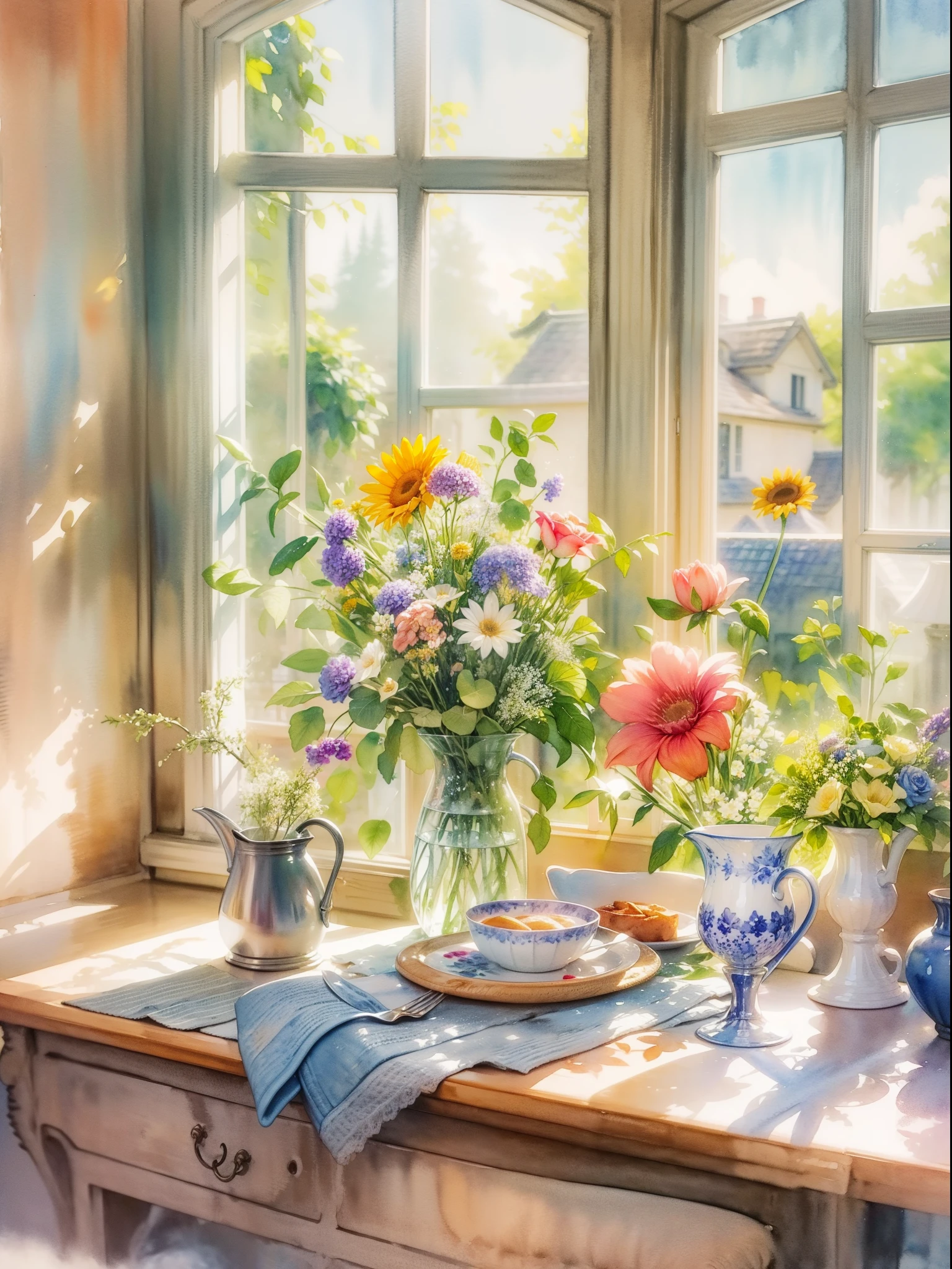 Close-up of a table,There is a vase of flowers on it, pleasant environment, There is a French garden, house kitchen on a sunny day, French countryside interior, author:Bernard D'Andrea, Bright windows illuminate the kitchen, Architectural Digest, home and garden magazine, house and garden, Architectural Digest photo, summer morning light, There are flowers and plants, (floral watercolor painting:1.5)
