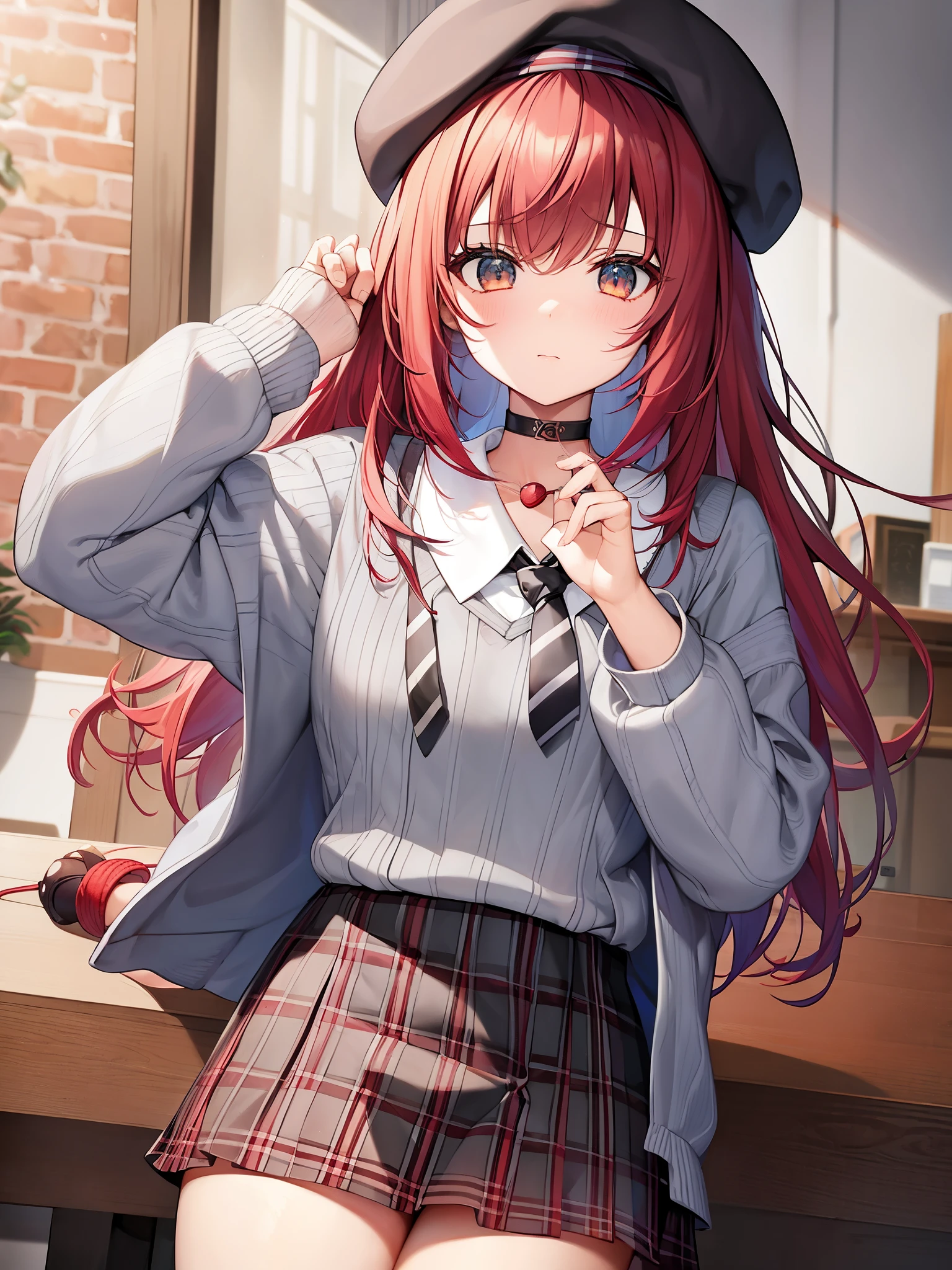 best quality、masterpiece、1 girl、solo、red gradient striped hair、Short hair、gray hair、lily (Wakka)、Black beret、plaid skirt、choker、cyan sweater jacket、collared shirt、black plaid tie、Sleeves that go beyond the fingers、dull bangs