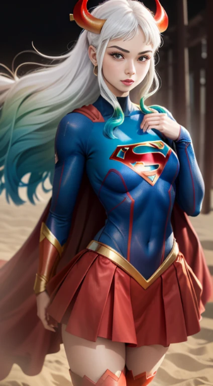 (melhor qualidade:1.3), Supergirl, capa vermelha, S do super-homem no peito, blue swimsuit, Red skirt, botas vermelhas, (demon girl) peituda, seios enormes, sedutora, sexy,  peitos , cabelo branco com as pontas verde claro, chifre com as pontas vermelho