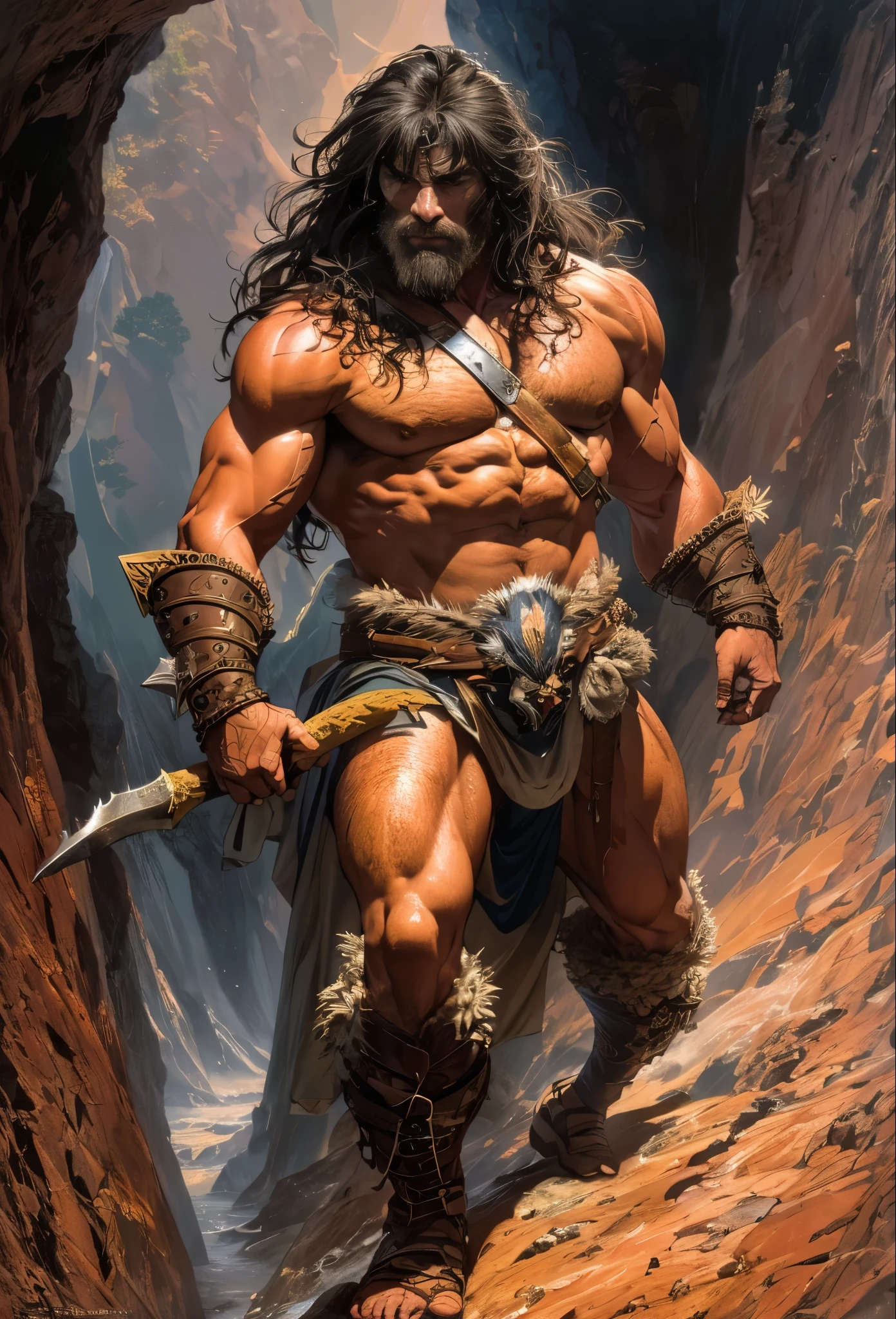 1man, barbarian, warrior, rugged, 1 pauldron, fur and leather armor, angry face, cave over the shoulder view, weathered, long flowing hair, ((one handed axe)), ((full body))
(oil painting:1.4), (Boris Vallejo and Frank Frazetta), moon, moon, monsters, negative space, (photorealistic:1.25)
(comic style), contrapposto, dynamic pose, fantasy poster, detailed face, (intricate, detailed), oiled skin:0.33,
volumetric lighting, subsurface scattering, good , good proportions, (highest quality, award winning, masterpiece:1.45), 