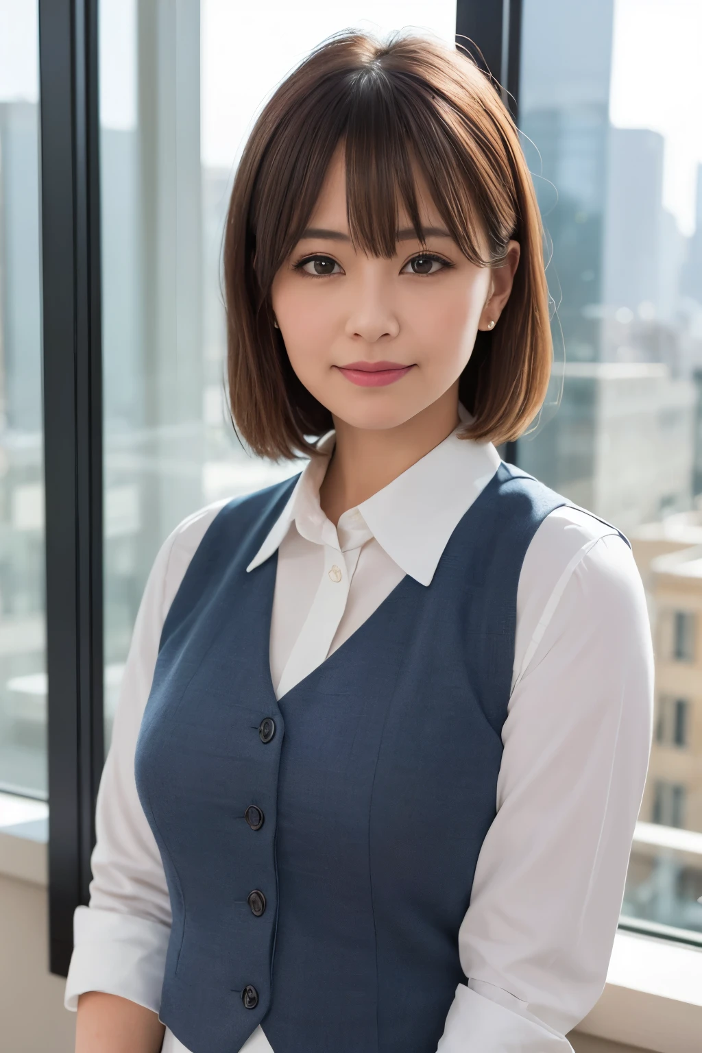 1 girl, mature woman, vest, bow, photograph, realistic, highest quality, hire, detailed face, office, building from the window, detailed background, diffused sunlight, Depth of bounds written, Bokeh