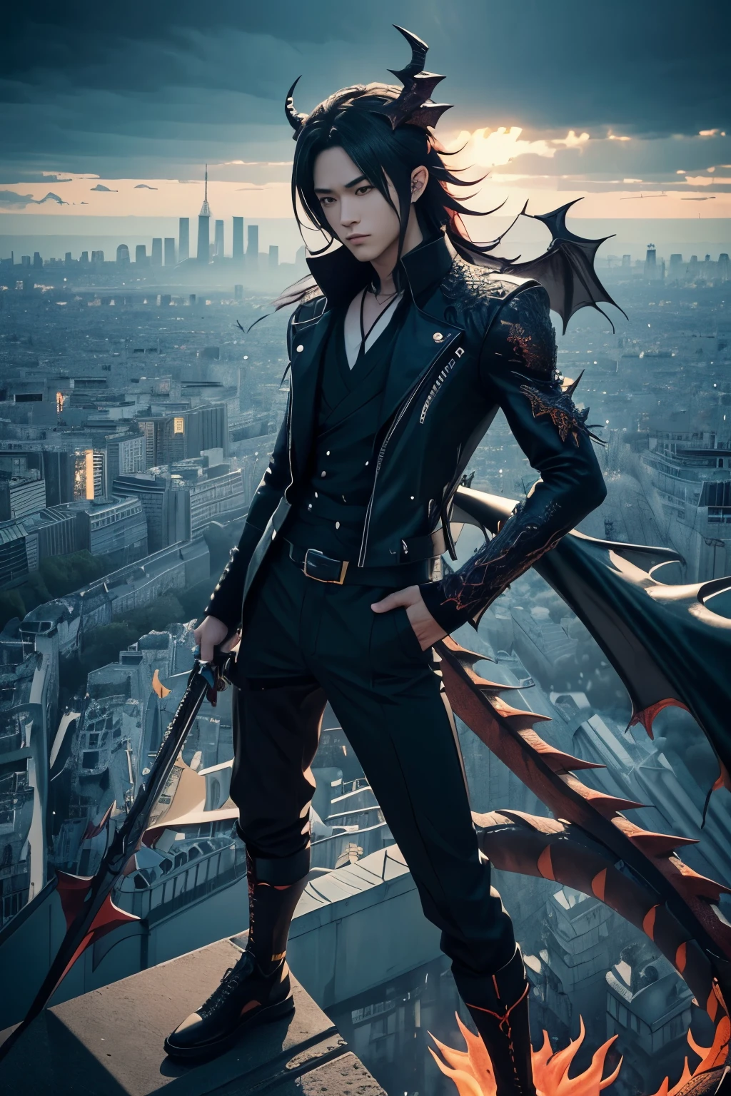 anime style, ((overload merged with demon slayer)), (((ultra detailed illustration of a half-dragon human in stylish clothes at the top of the eiffel tower enjoying the view of the city))), paris city landscape, ((particles in the atmosphere)), (stunning visual masterpiece), (unlimited), (surreal), (professional composition), (award-winning composition), creative , (artistic expression), (extreme composition) ), ((surreal theme)), evocative, (complementary contrast), operational cores, high saturation. by instagram.com/canvas_art_a.i/