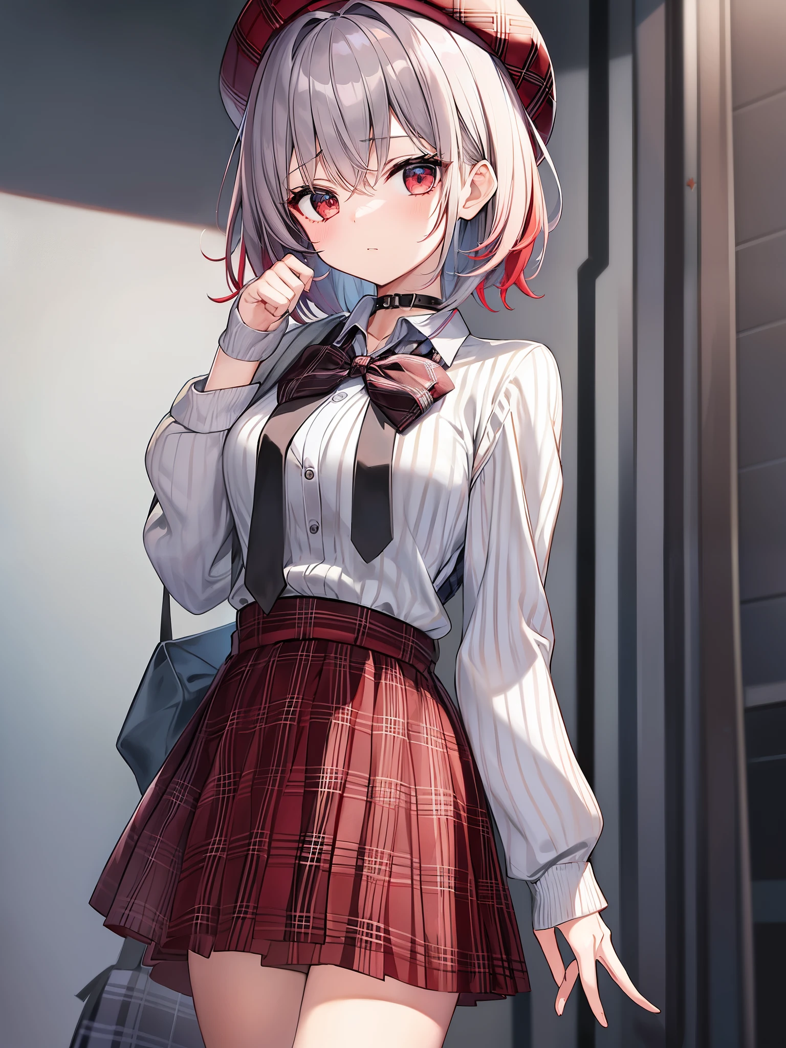 best quality、masterpiece、1 girl、solo、red gradient striped hair、Short hair、gray hair、lily (Wakka)、Black beret、plaid skirt、choker、cyan sweater jacket、collared shirt、black plaid tie、Sleeves that go beyond the fingers、dull bangs