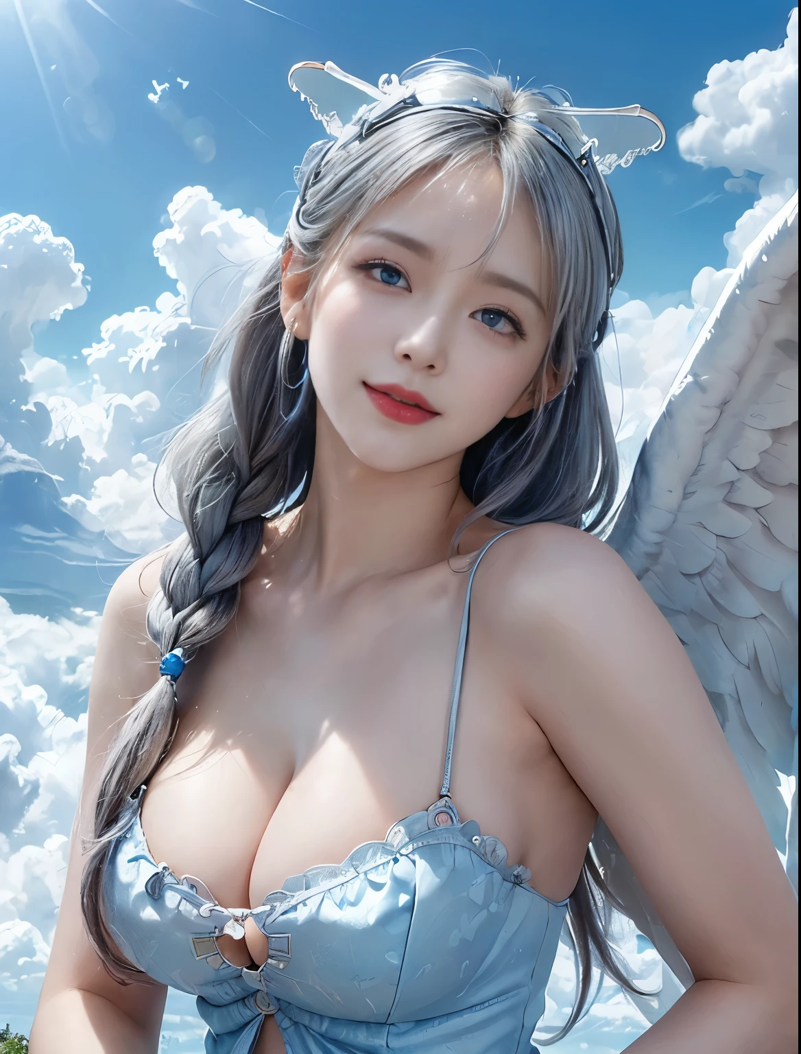 ((Only blue sky and clouds on background:1.8))、((sky ring of angels above your head:1.8))、((Stand on the clouds:1.5))、((cowboy shot:1.5))、((bangs:1.6))、((Photo from below:1.2))、((1 girl:1.8))、((solo:1.8))、break((slender body:1.2))、((Moderate:1.2,Cleavage 1.2)),break(Wearing a white fur coat:1.5,white tight mesh dress:1.5),break(large white angel wings on the back:1.5)、((Stand on the cloudsポーズ:1.5))、Photo from the front:1.5、8k wallpaper、Super high resolution,break((photorealistic stick:1.4)),table top,highest quality,perfect lighting,detailed lighting,dramatic light and shadow,ray tracing,break(perfect anatomy:1.4)、((looking at the viewer))、detailed face、detailed eye、detailed clavicle、skin that looks real、break(20-year-old)、((laughter:1.1))、((Silver semi-long:1.5,Braiding the head:1.3))、(aqua blue eyes、eyeliner、red lips)