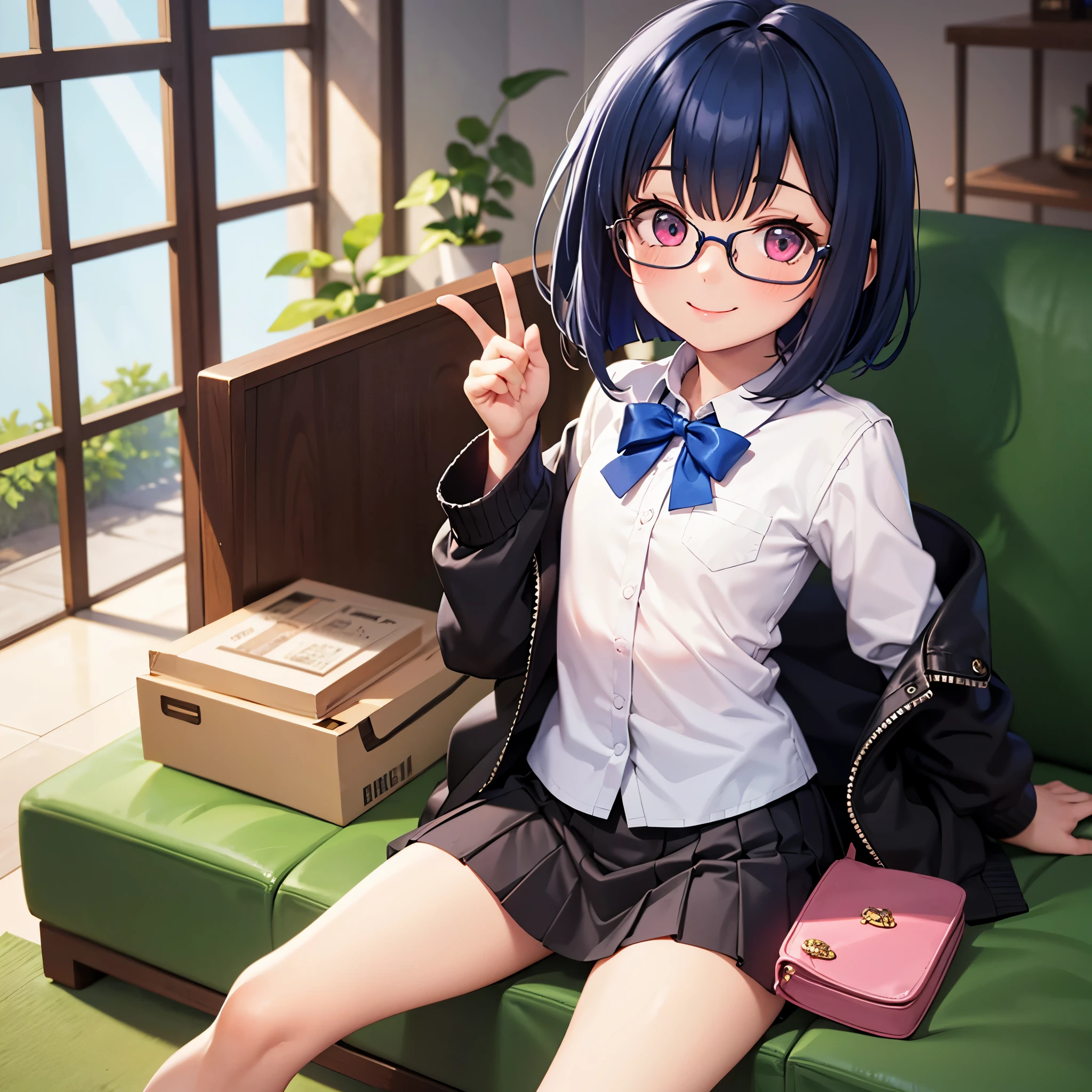 1girl, only one girl, one girl only, mini skirt, smile, cobalt blue hair, pink eyes, classic bob hairstyle, looking at the viewer, wearing glasses, , 12 years ol