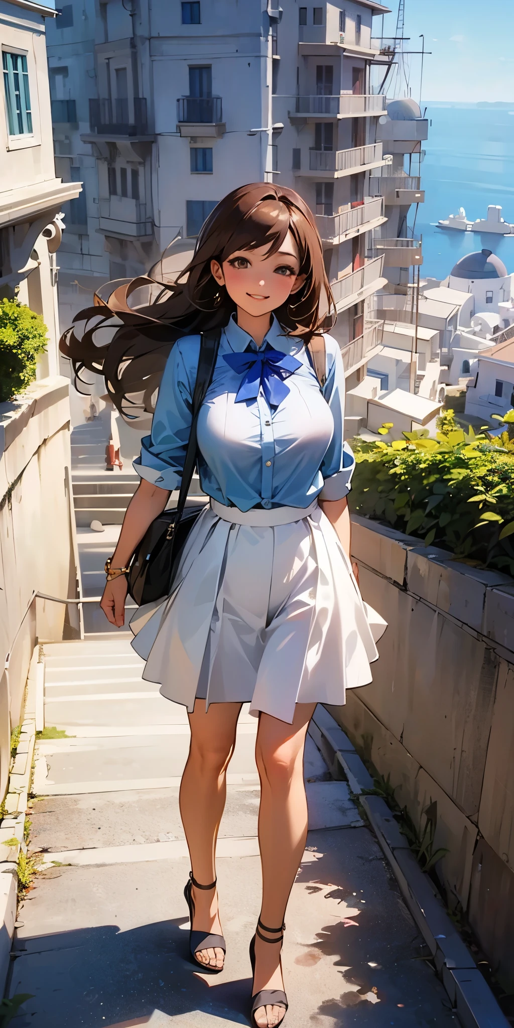 asian girl, white skirt, blue blouse, standing, Background Santorini, realistic, brown hair, big breasts, high heels, smiling --auto --s2