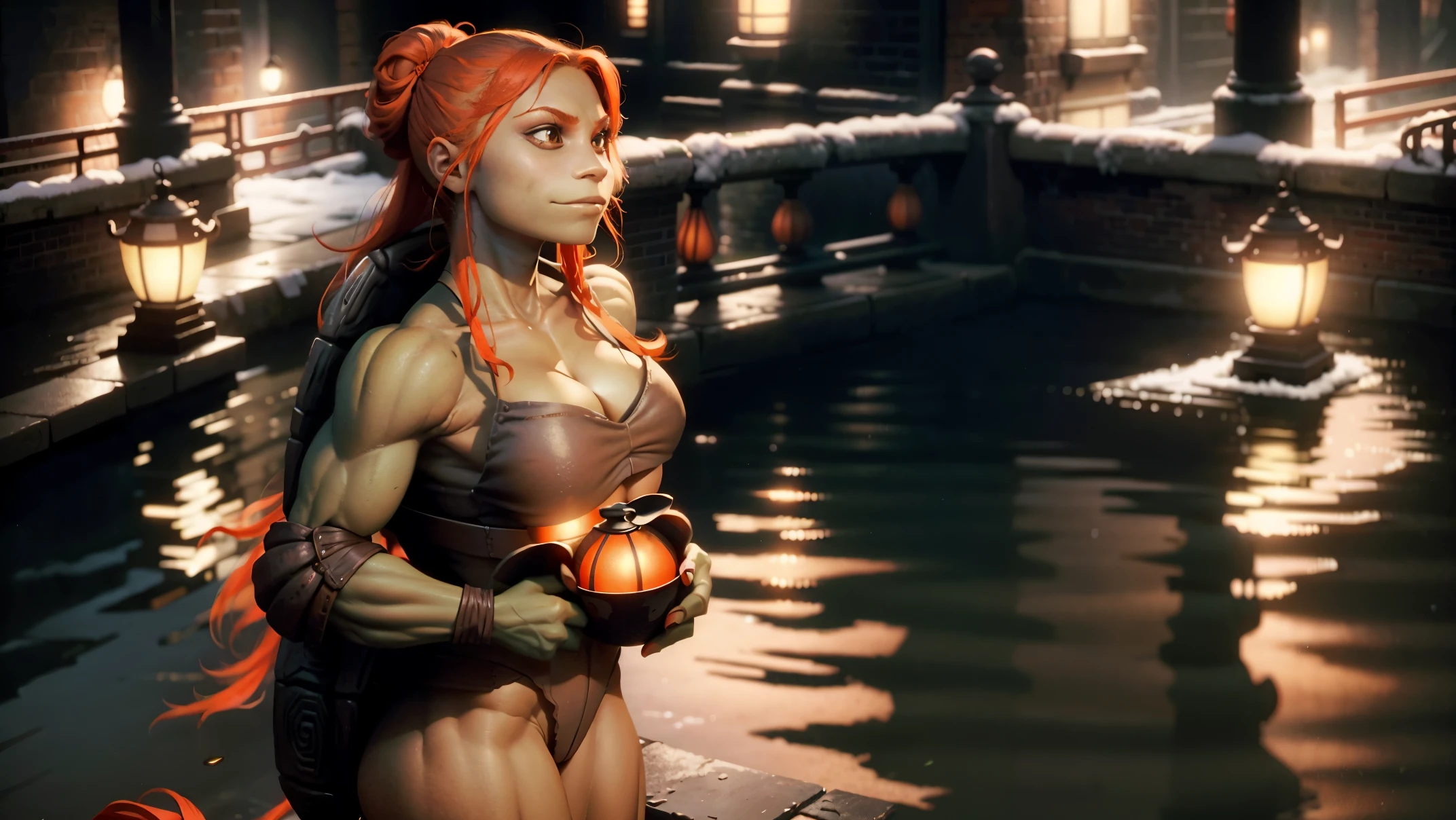 A very skinny female version of leonardo from TMNT Six-pack Long red hair double hairbun big boobs , not that muscular, visible nippels and cameltoe, location is newyork canalisation asian orange lamps
