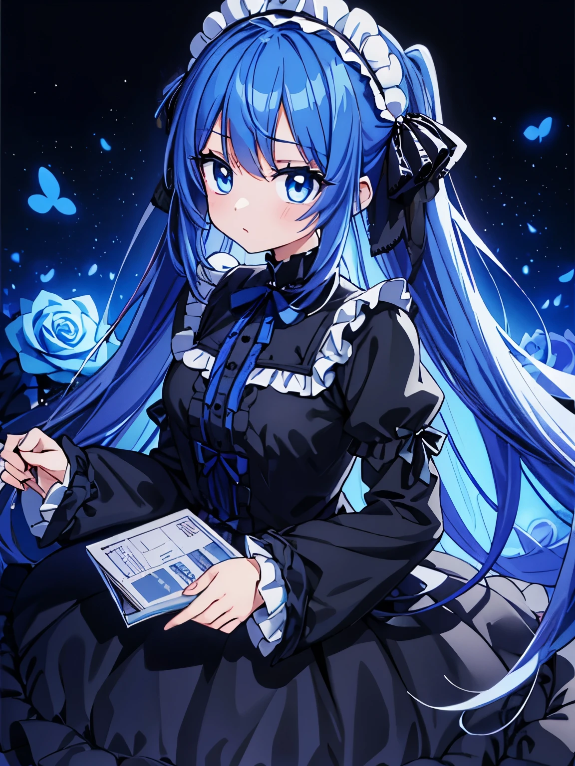 blue hair、black eyes、Two dimensions、anime、comics、girl、beautiful girl、Gothic Lolita、Gothic Lolita服、black clothes、Blue Rose、