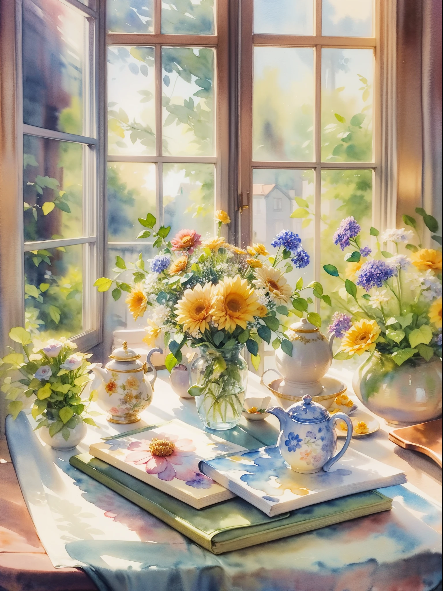 Close-up of a table，There is a vase of flowers on it, pleasant environment, There is a French garden, house kitchen on a sunny day, French countryside interior, author：Bernard D&#39;Andrea, Bright windows illuminate the kitchen, Architectural Digest, home and garden magazine, house and garden, Architectural Digest photo, summer morning light, There are flowers and plants, (floral watercolor painting:1.5)