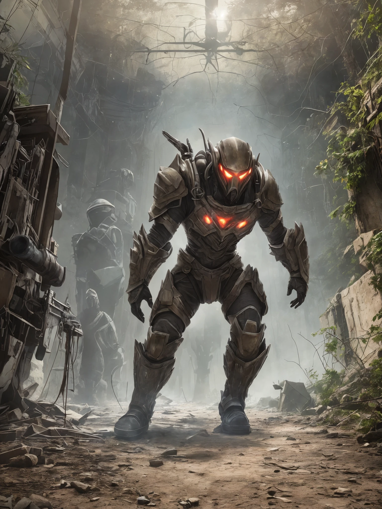 Create a realistic image that captures the epic confrontation between a fierce predator from the iconic film series "predador" and a group of deadly Aliens from the franchise "Extraterrestres". The scene takes place in a dark and enigmatic environment, probably inside an old abandoned structure or in the middle of a dense alien jungle. O predador, wearing his characteristic technological armor and carrying his distinctive weapons, in a combat position, demonstrating his ruthless attitude. His textured skin and hunting trophies hanging from his clothes highlight his predatory nature. --auto --s2