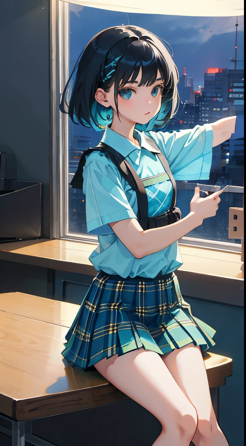 (child)，（masterpiece，Top quality)，Turquoise pleated miniskirt with blue-green plaid pattern，short sleeve，black hair，Summer Classroom，night，night景